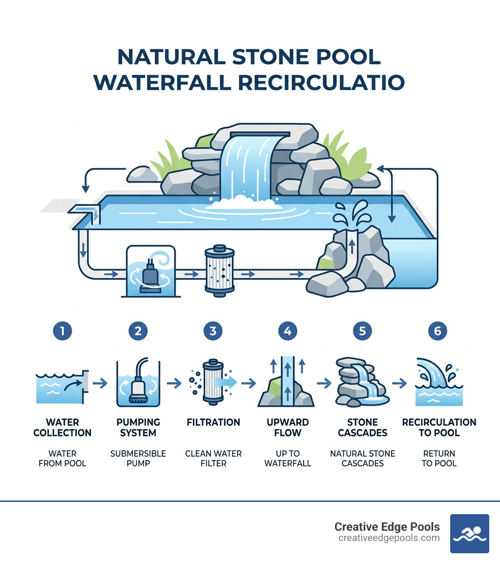 Infographic showing natural stone pool waterfall recirculation process step by step - how to build a natural stone pool