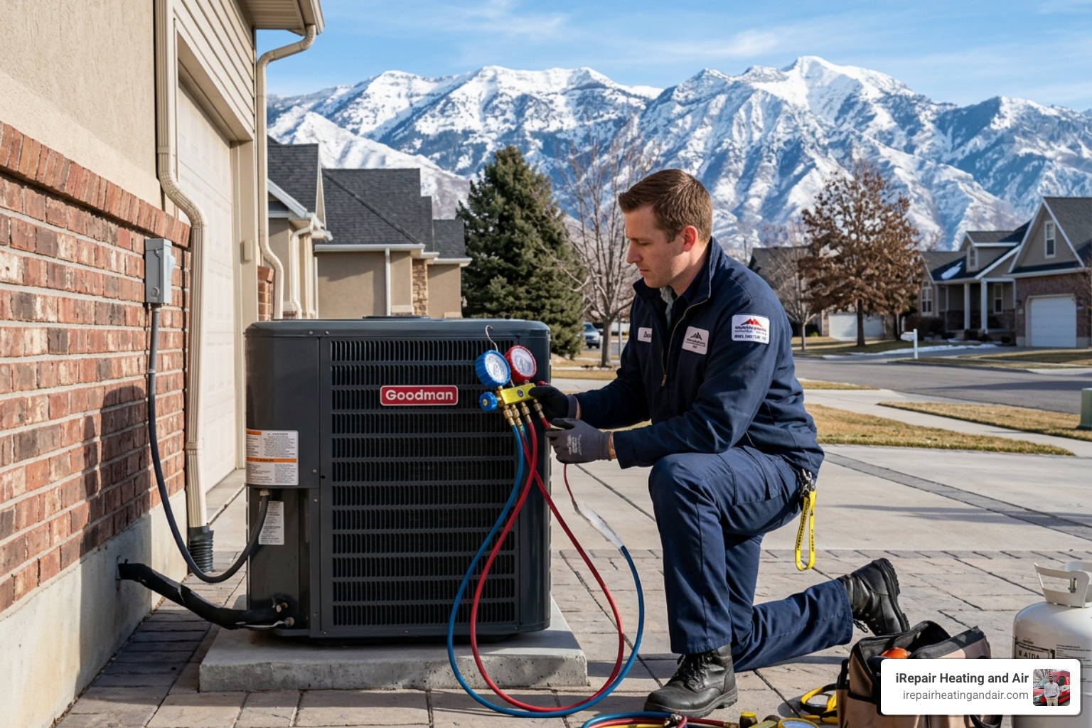 Technician using gauges to check refrigerant levels on a Salt Lake City AC unit - air conditioner repair salt lake city