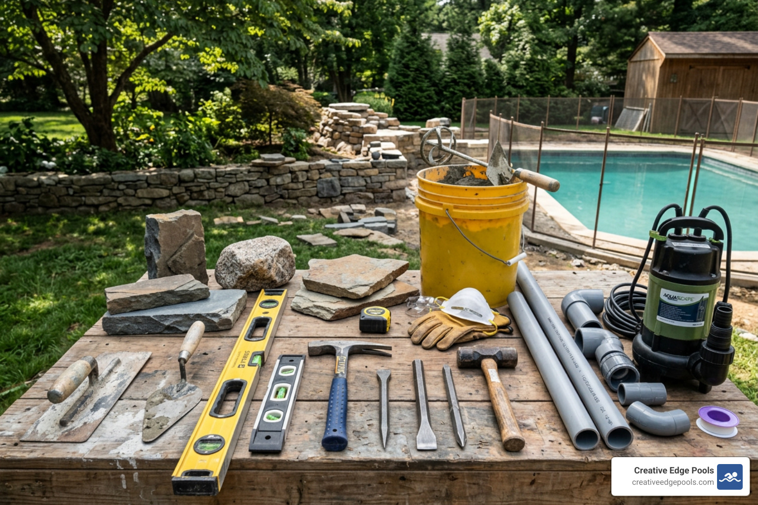 Essential masonry tools for building a stone waterfall - how to build a natural stone pool waterfall