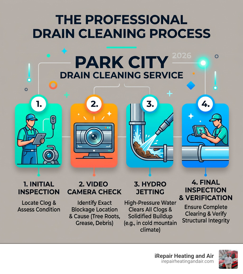 Infographic showing the professional drain cleaning process steps from inspection to hydro jetting to final camera check