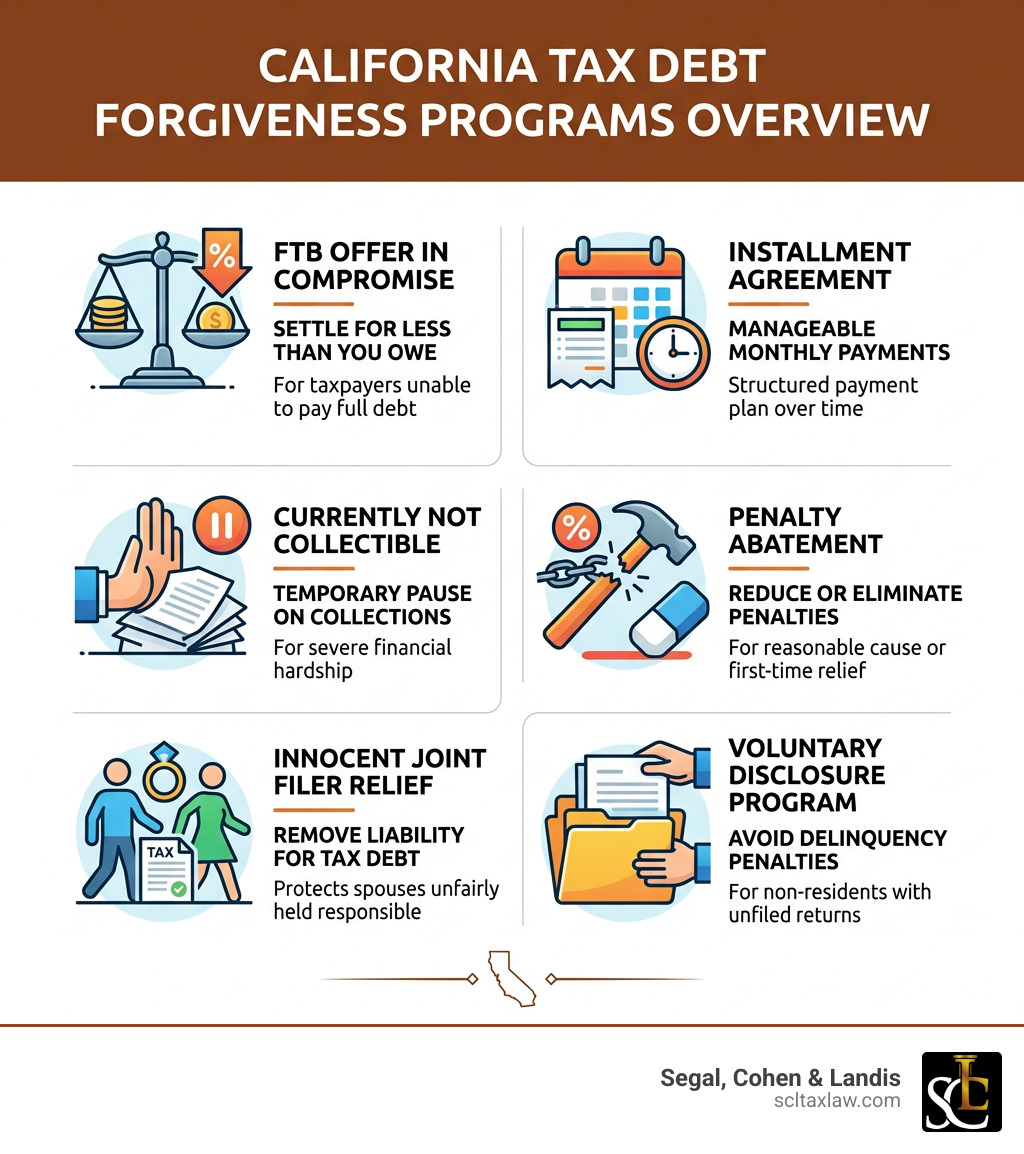 California tax debt forgiveness programs overview infographic - california tax debt forgiveness infographic 