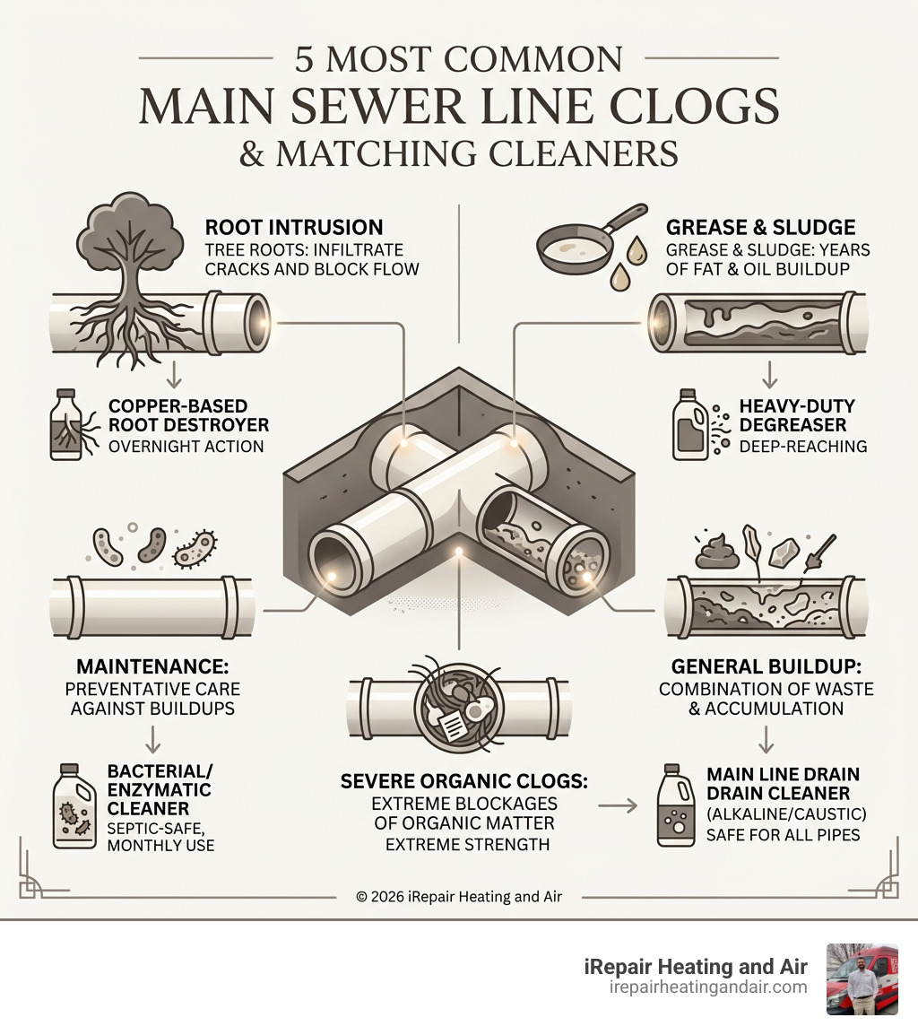 infographic showing the 5 most common causes of main sewer line clogs and matching cleaner types - best drain cleaner for