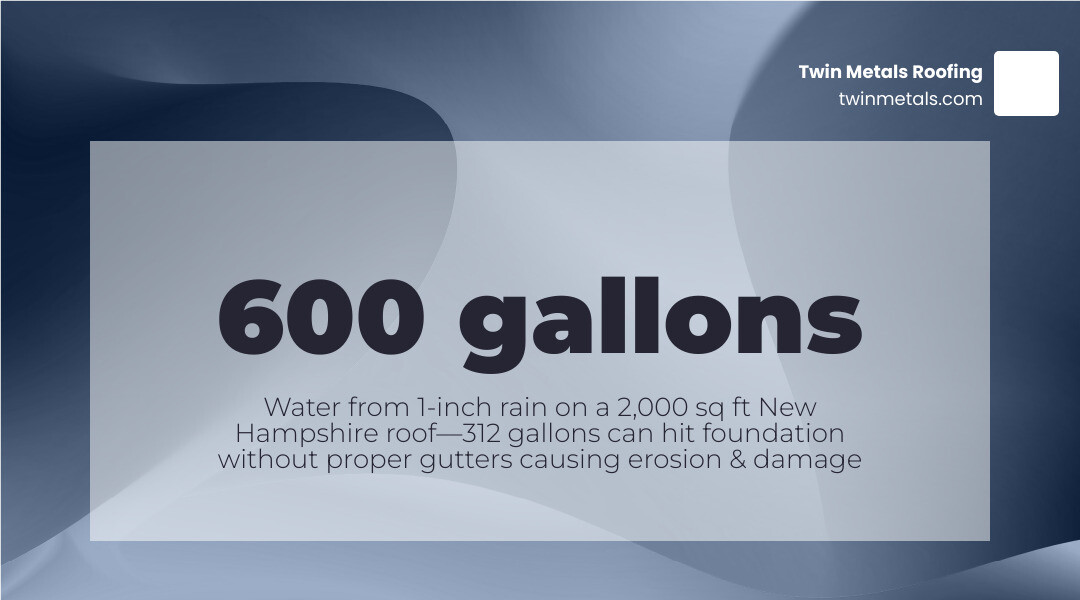 Infographic showing impact of 1-inch rain on a 2,000 sq ft NH roof: 600 gallons total, 312 gallons near foundation - Gutter Infographic showing impact of 1-inch rain on a 2,000 sq ft NH roof: 600 gallons total, 312 gallons near foundation - Gutter