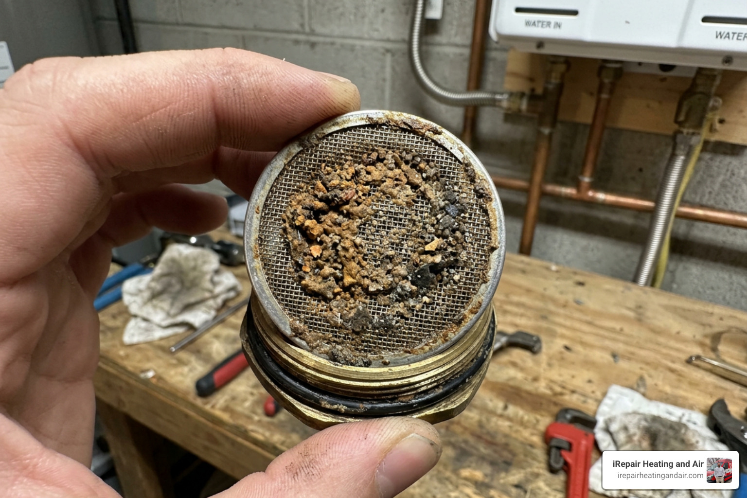 dirty water heater inlet filter screen needing cleaning - tankless water heater no hot water