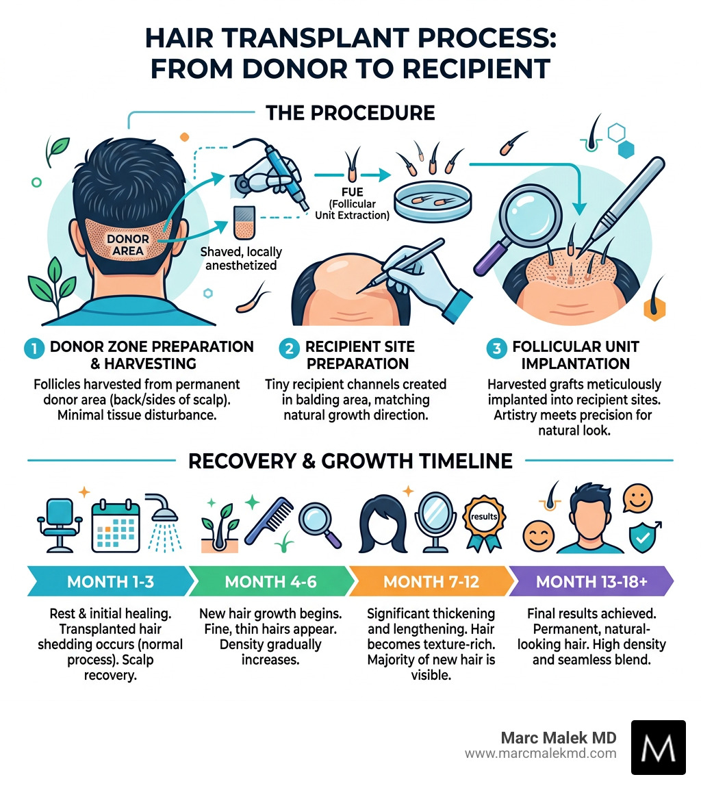 Infographic showing hair transplant process from donor zone harvesting to recipient site implantation with timeline - hair Infographic showing hair transplant process from donor zone harvesting to recipient site implantation with timeline - hair