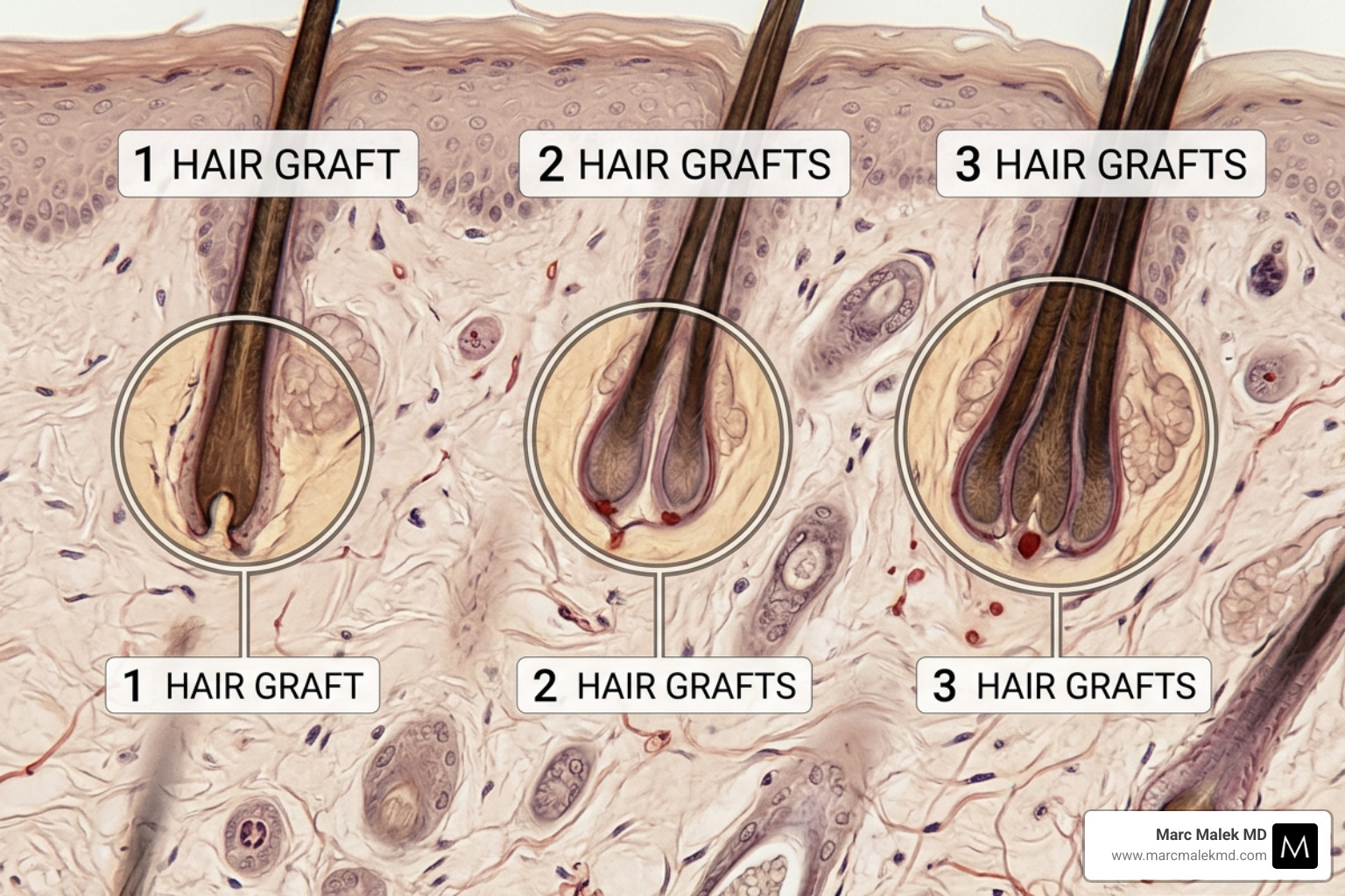 Close up of follicular unit groupings showing 1, 2, and 3 hair grafts - hair transplant Close up of follicular unit groupings showing 1, 2, and 3 hair grafts - hair transplant