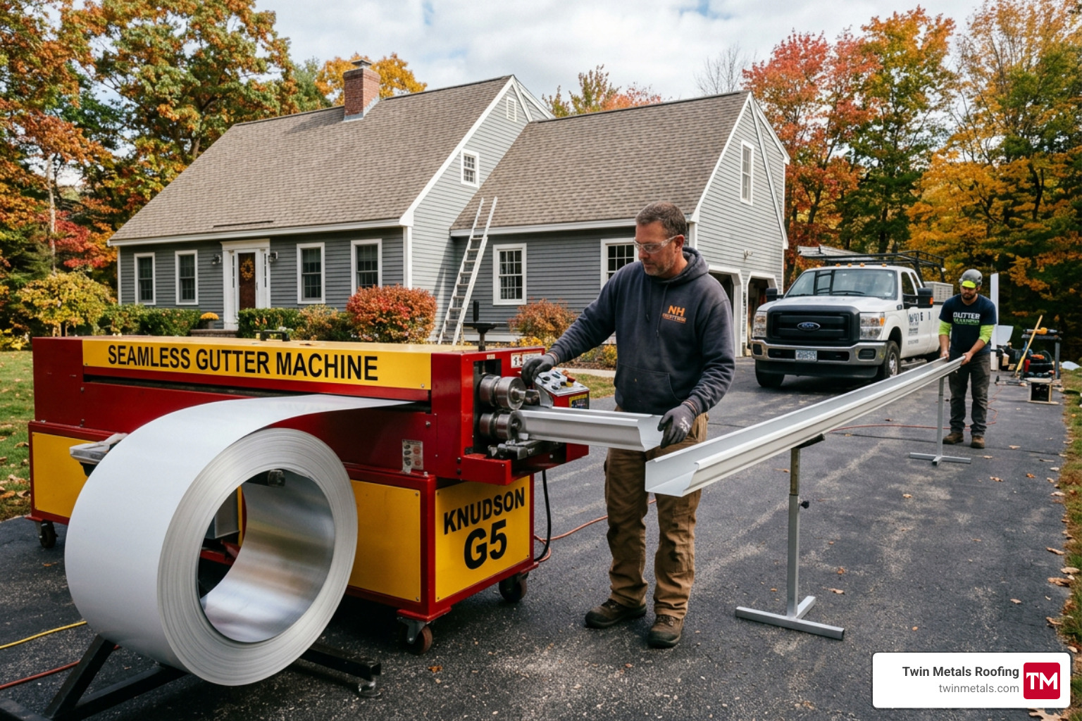 Seamless gutter machine on-site fabricating a custom aluminum run - Gutter installation New Hampshire Seamless gutter machine on-site fabricating a custom aluminum run - Gutter installation New Hampshire