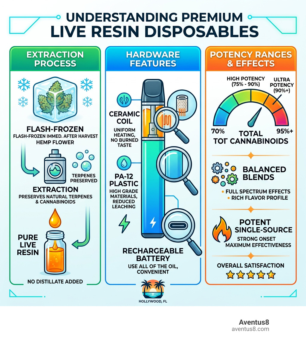 live resin disposable comparison infographic showing extraction process, hardware features, and potency ranges - live resin live resin disposable comparison infographic showing extraction process, hardware features, and potency ranges - live resin