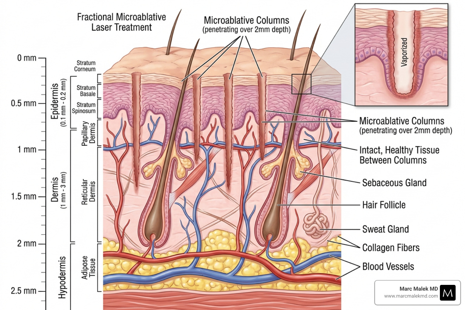 Illustration of microablative columns (MACs) penetrating the dermal layers - c02 fractional laser Illustration of microablative columns (MACs) penetrating the dermal layers - c02 fractional laser
