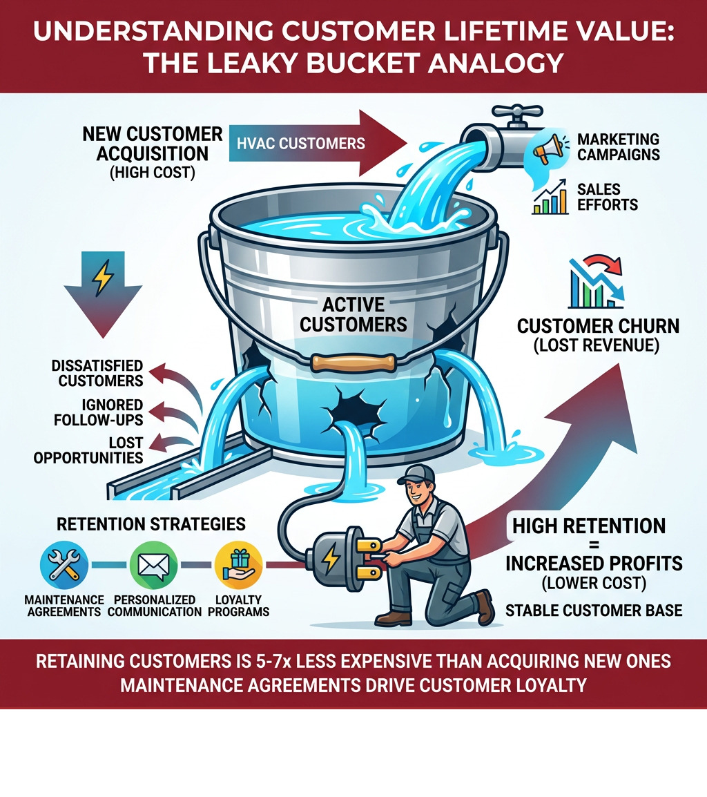 Leaky bucket infographic showing customer acquisition vs retention: acquisition fills the bucket, churn drains it, retention Leaky bucket infographic showing customer acquisition vs retention: acquisition fills the bucket, churn drains it, retention