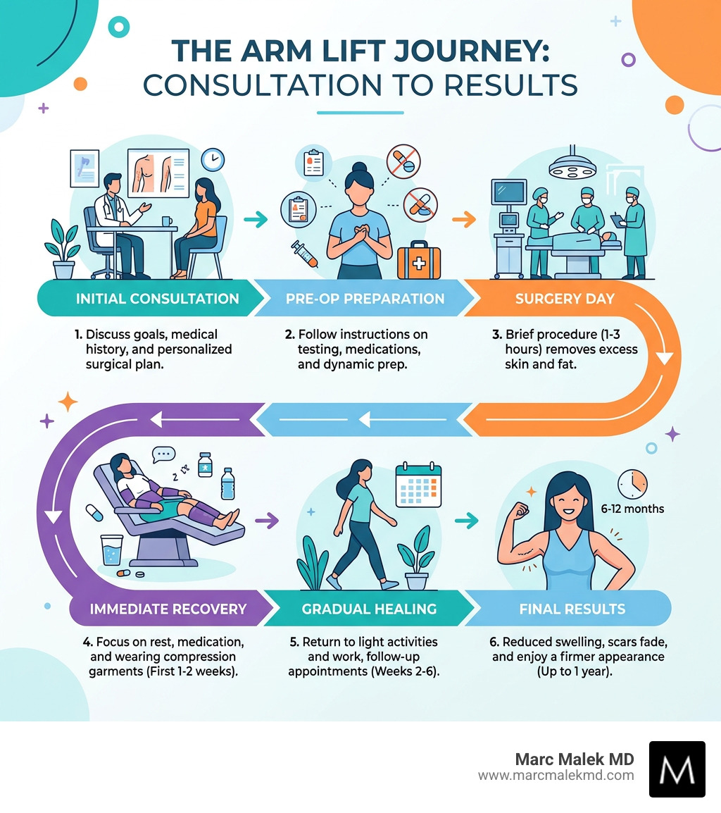 Infographic: The arm lift journey from consultation to final results with key steps and timeline - brachioplasty arm lift Infographic: The arm lift journey from consultation to final results with key steps and timeline - brachioplasty arm lift