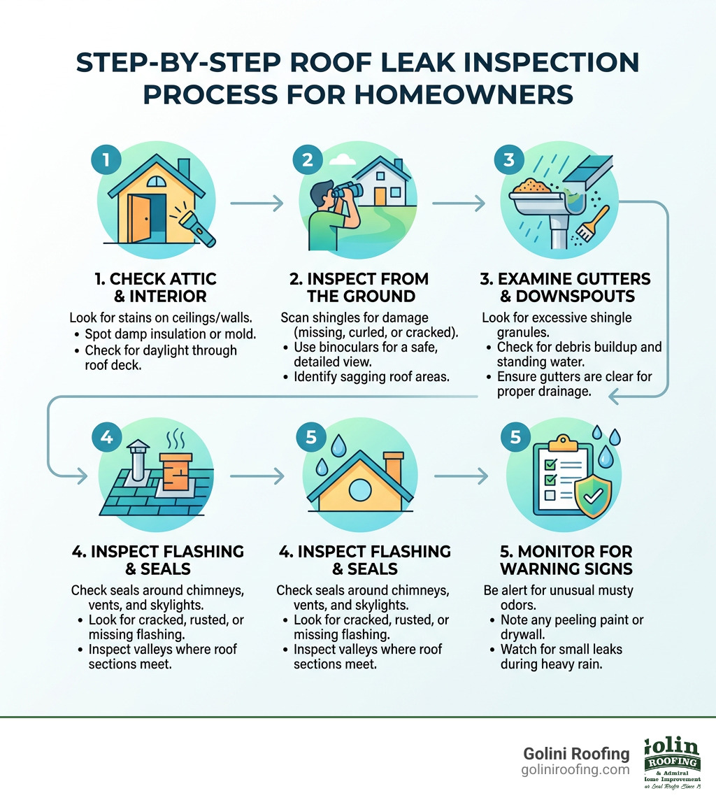 Step-by-step roof leak inspection process infographic for homeowners - roof inspection for leaks infographic Step-by-step roof leak inspection process infographic for homeowners - roof inspection for leaks infographic