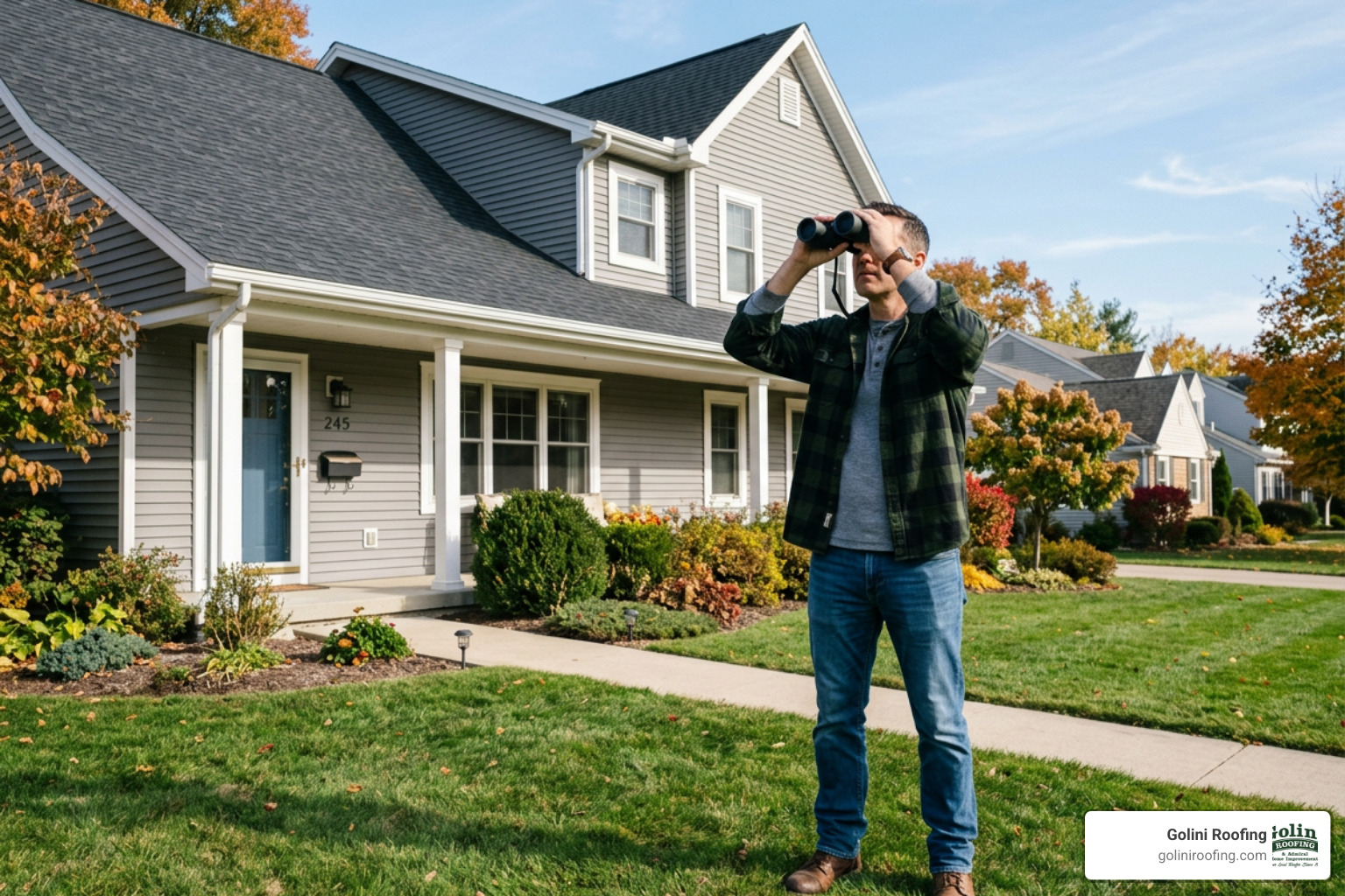 Homeowner using binoculars for a ground-level roof inspection - roof inspection for leaks Homeowner using binoculars for a ground-level roof inspection - roof inspection for leaks