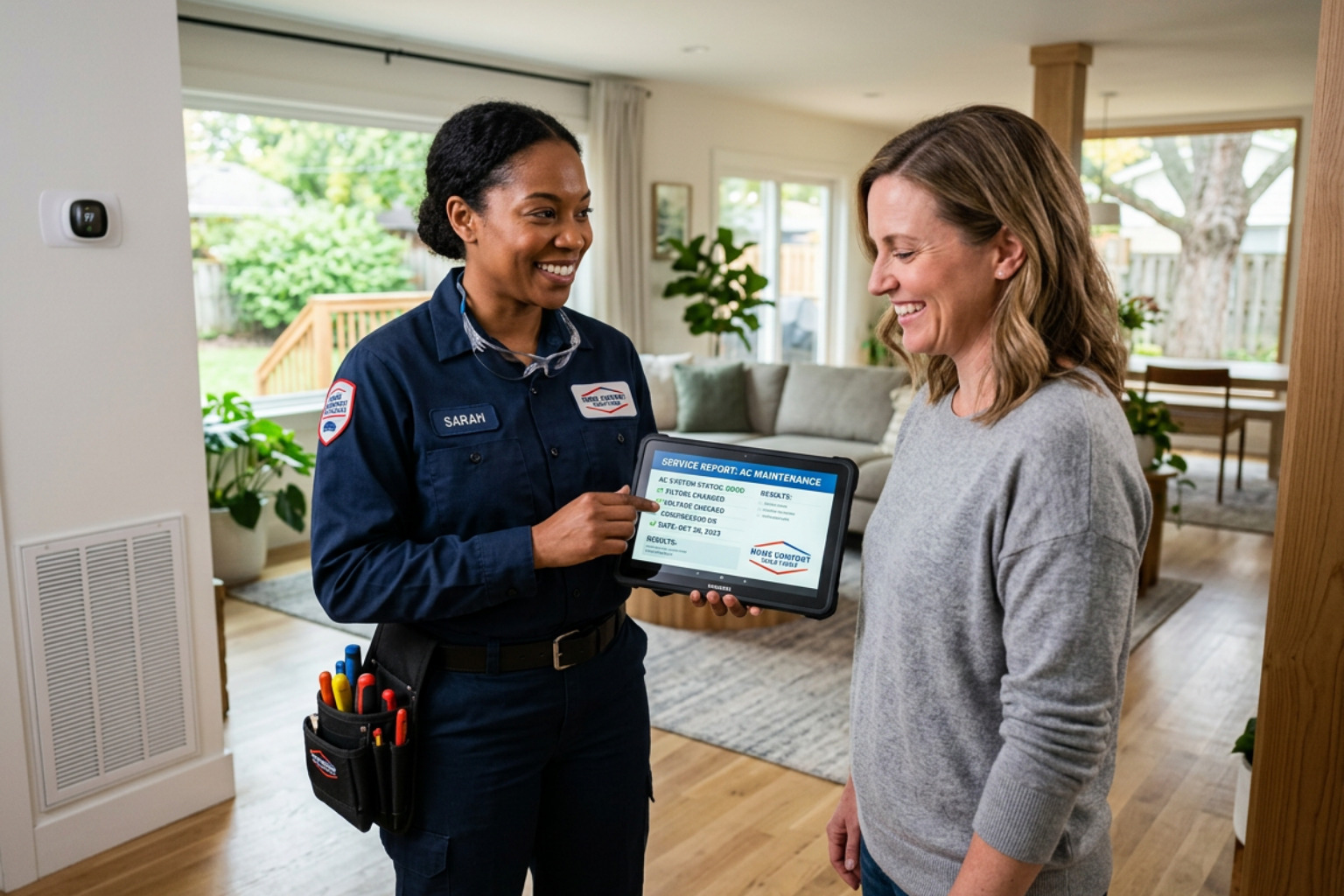 Technician presenting a digital service report on a tablet to a customer, demonstrating transparency and modern technology Technician presenting a digital service report on a tablet to a customer, demonstrating transparency and modern technology