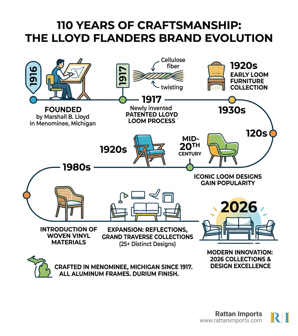 Infographic showing 100-year Lloyd Flanders brand evolution from 1916 founding to 2026 collections - how do i know what lloyd flanders patio furniture
