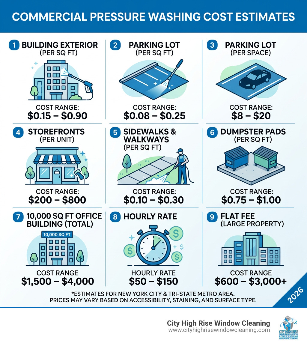 Infographic showing commercial pressure washing cost ranges by service type for buildings, parking lots, and storefronts Infographic showing commercial pressure washing cost ranges by service type for buildings, parking lots, and storefronts