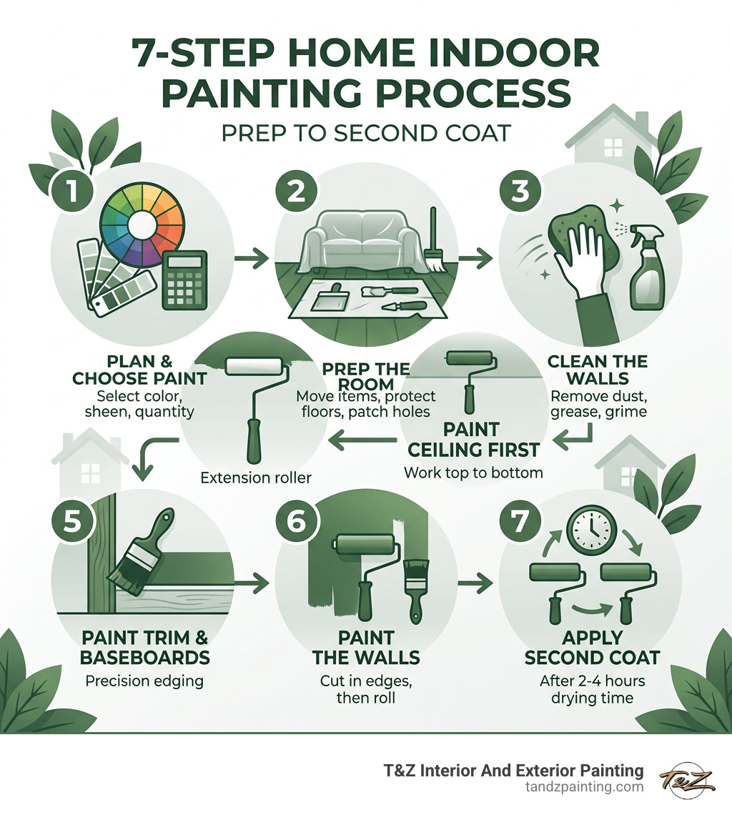 7-step home indoor painting process infographic from prep to second coat - home indoor painting infographic 