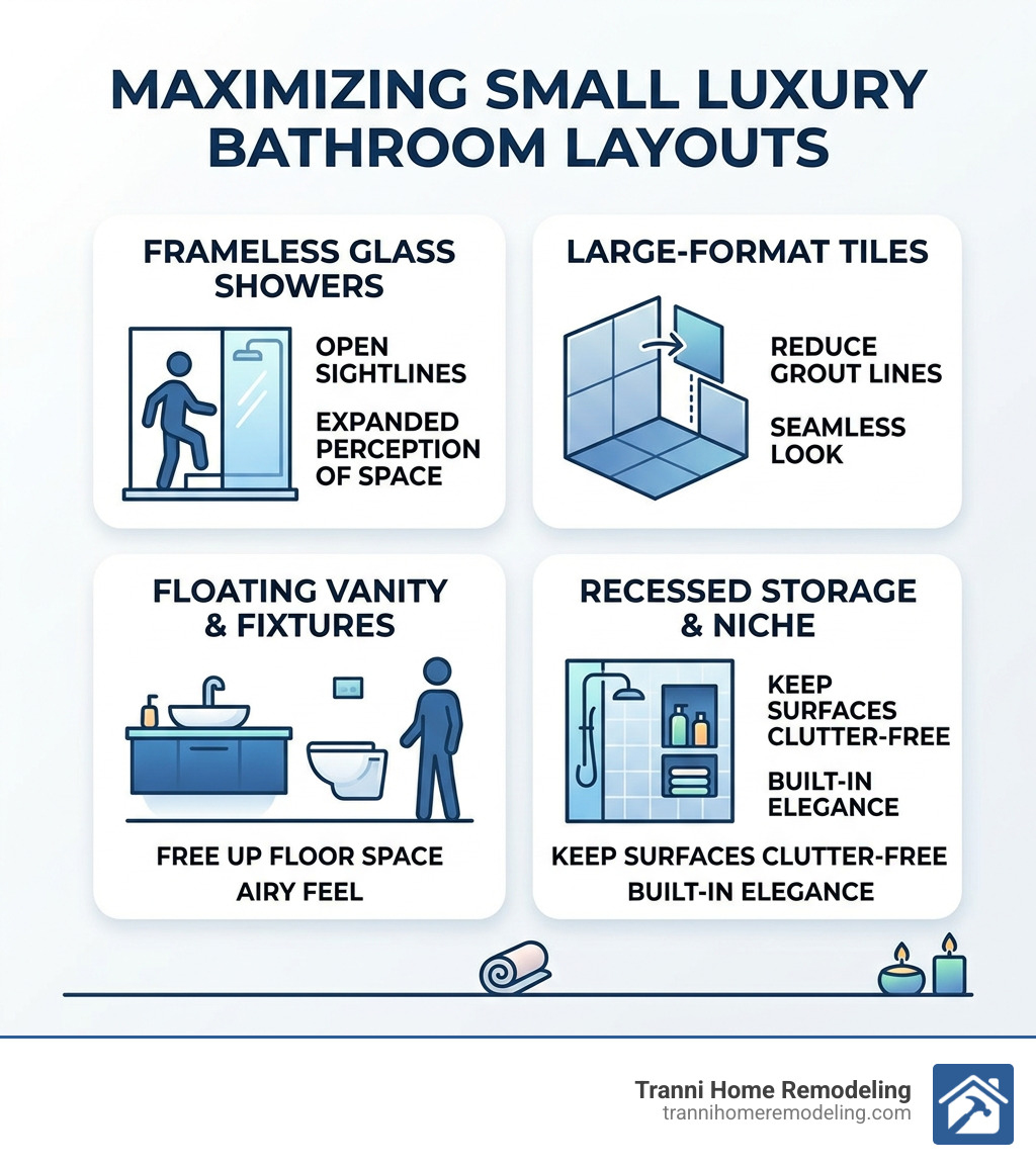 infographic showing small luxury bathroom layout optimization tips for walk-in showers and fixtures - small luxury bathrooms