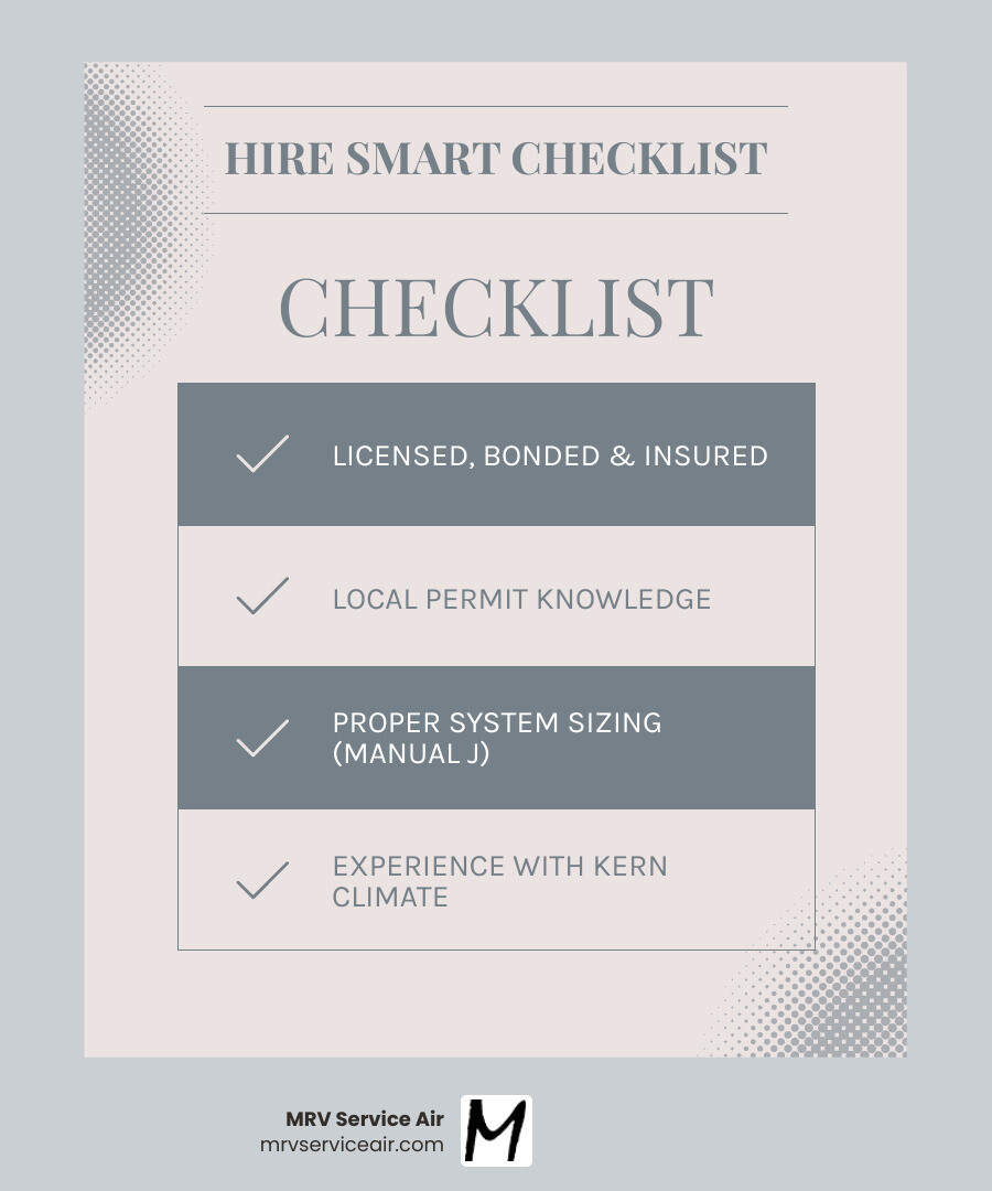 Checklist infographic for hiring an AC installation company in Kern CA with key criteria - ac installation company in kern Checklist infographic for hiring an AC installation company in Kern CA with key criteria - ac installation company in kern