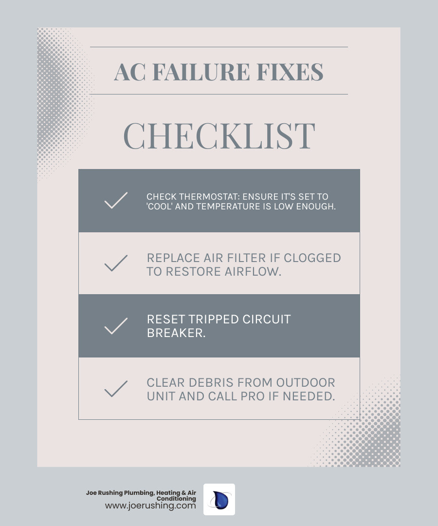 Infographic showing key steps for central air repair in Lubbock TX including thermostat check filter replacement breaker