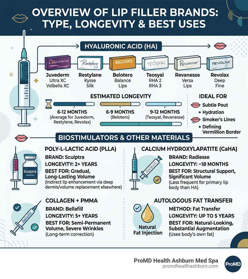 Overview infographic of lip filler brand types, materials, longevity, and best uses - types of lip fillers brands Overview infographic of lip filler brand types, materials, longevity, and best uses - types of lip fillers brands