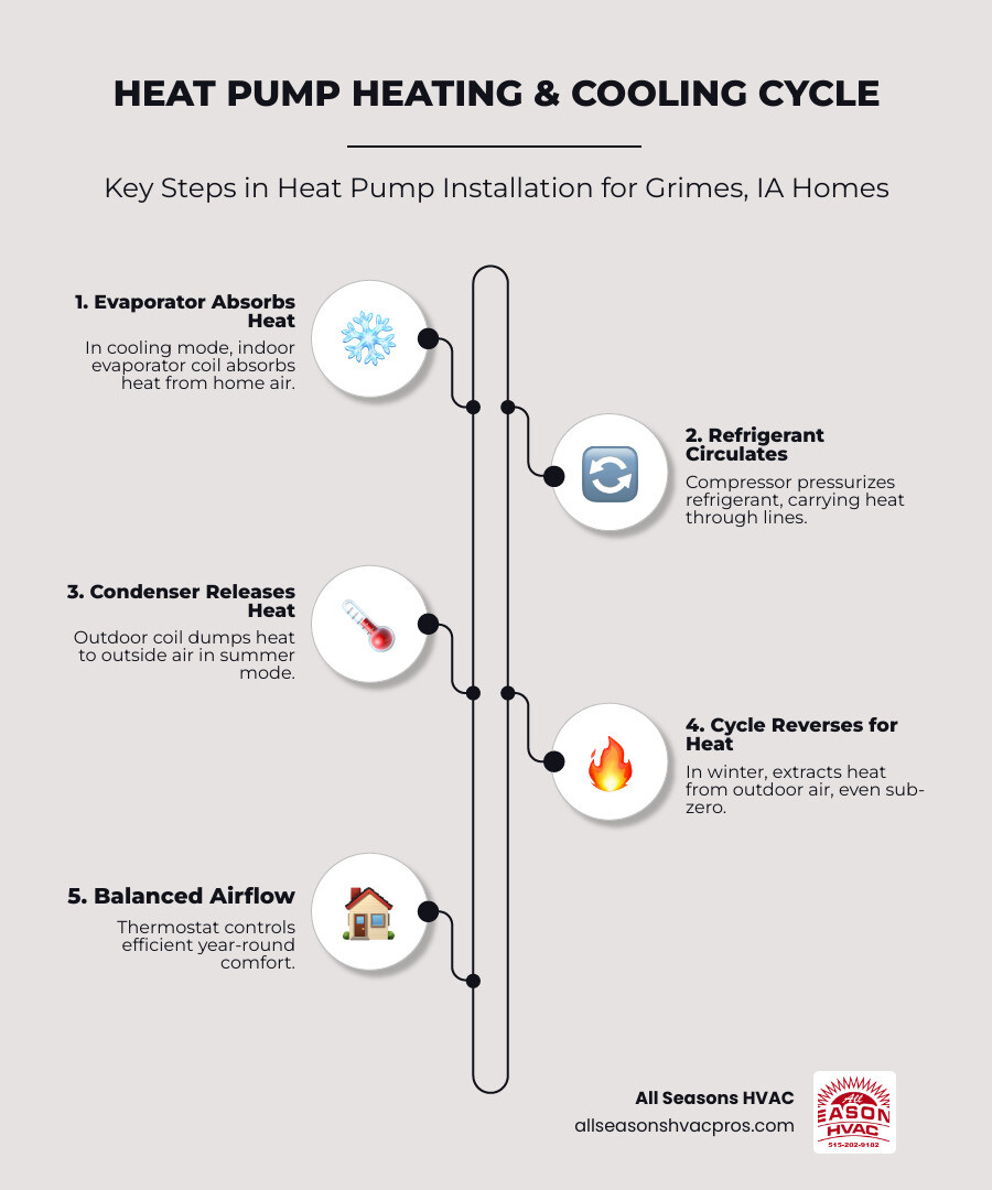 Infographic showing the heat pump heating and cooling cycle with key installation steps for Grimes IA homeowners - heat pump Infographic showing the heat pump heating and cooling cycle with key installation steps for Grimes IA homeowners - heat pump