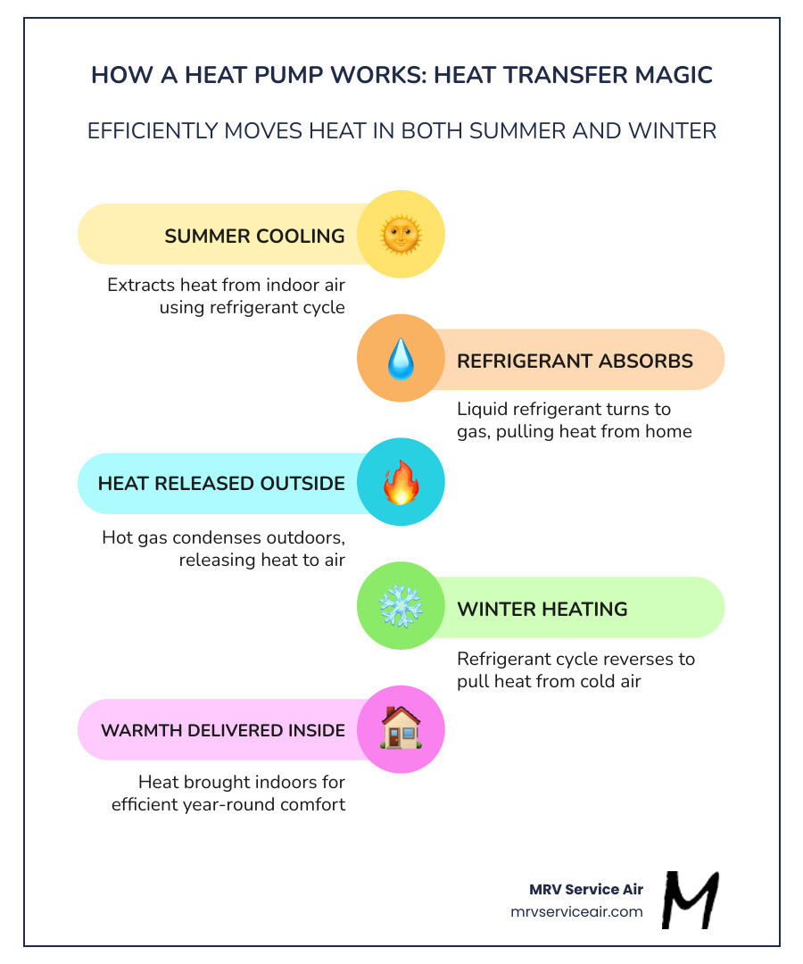 Infographic showing how a heat pump transfers heat between indoor and outdoor air in summer and winter - heat pump services Infographic showing how a heat pump transfers heat between indoor and outdoor air in summer and winter - heat pump services