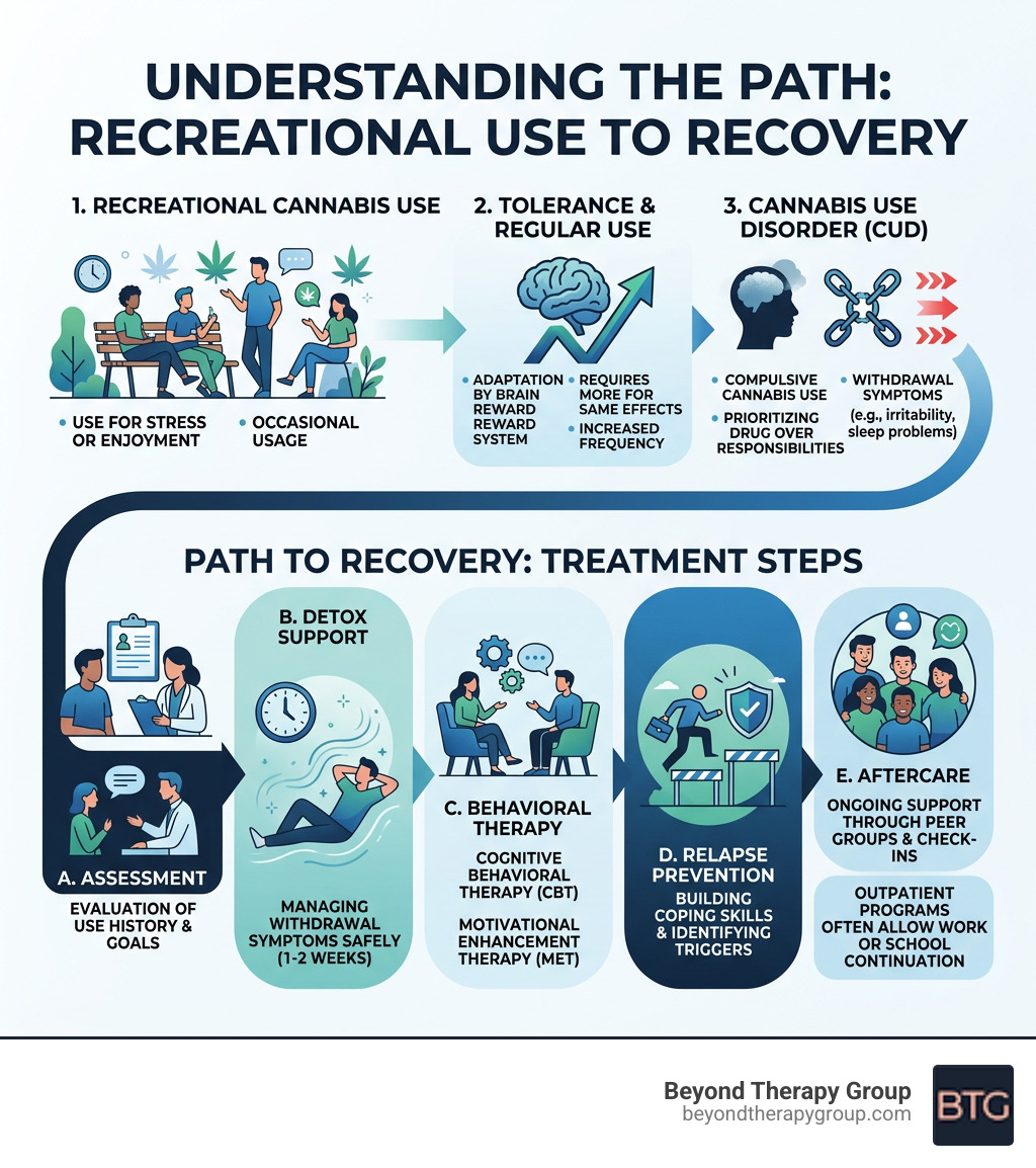Infographic showing progression from recreational marijuana use to cannabis use disorder and treatment steps - marijuana Infographic showing progression from recreational marijuana use to cannabis use disorder and treatment steps - marijuana