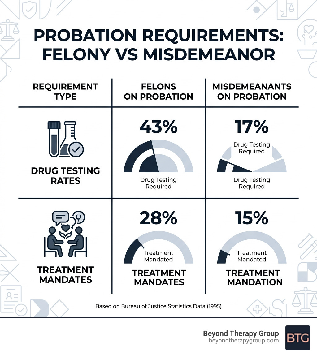 Table comparing felony vs misdemeanor requirements: Felons often face 43% drug testing rates and 28% treatment mandates Table comparing felony vs misdemeanor requirements: Felons often face 43% drug testing rates and 28% treatment mandates