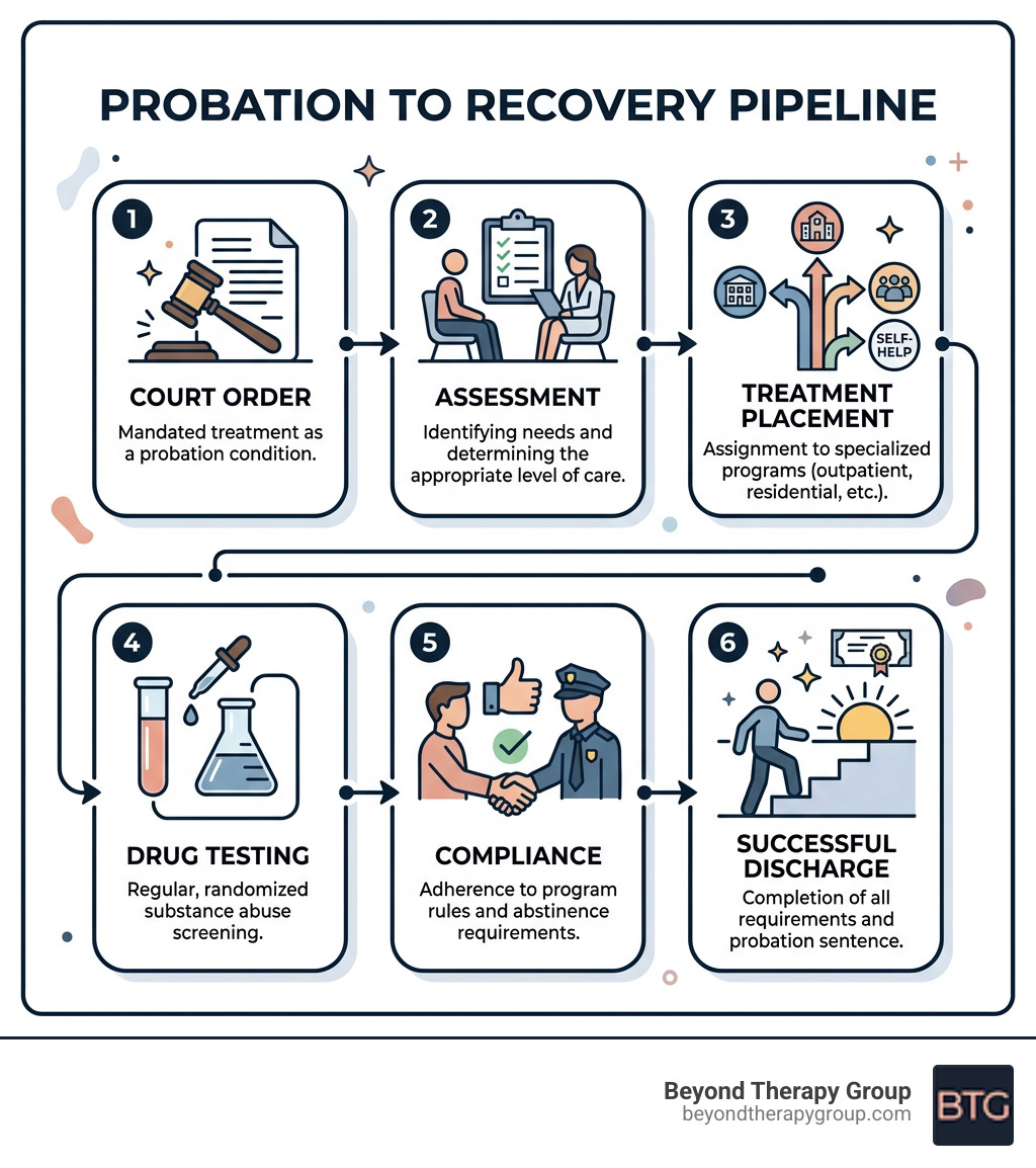 Infographic showing the probation to recovery pipeline: court order, assessment, treatment placement, drug testing Infographic showing the probation to recovery pipeline: court order, assessment, treatment placement, drug testing