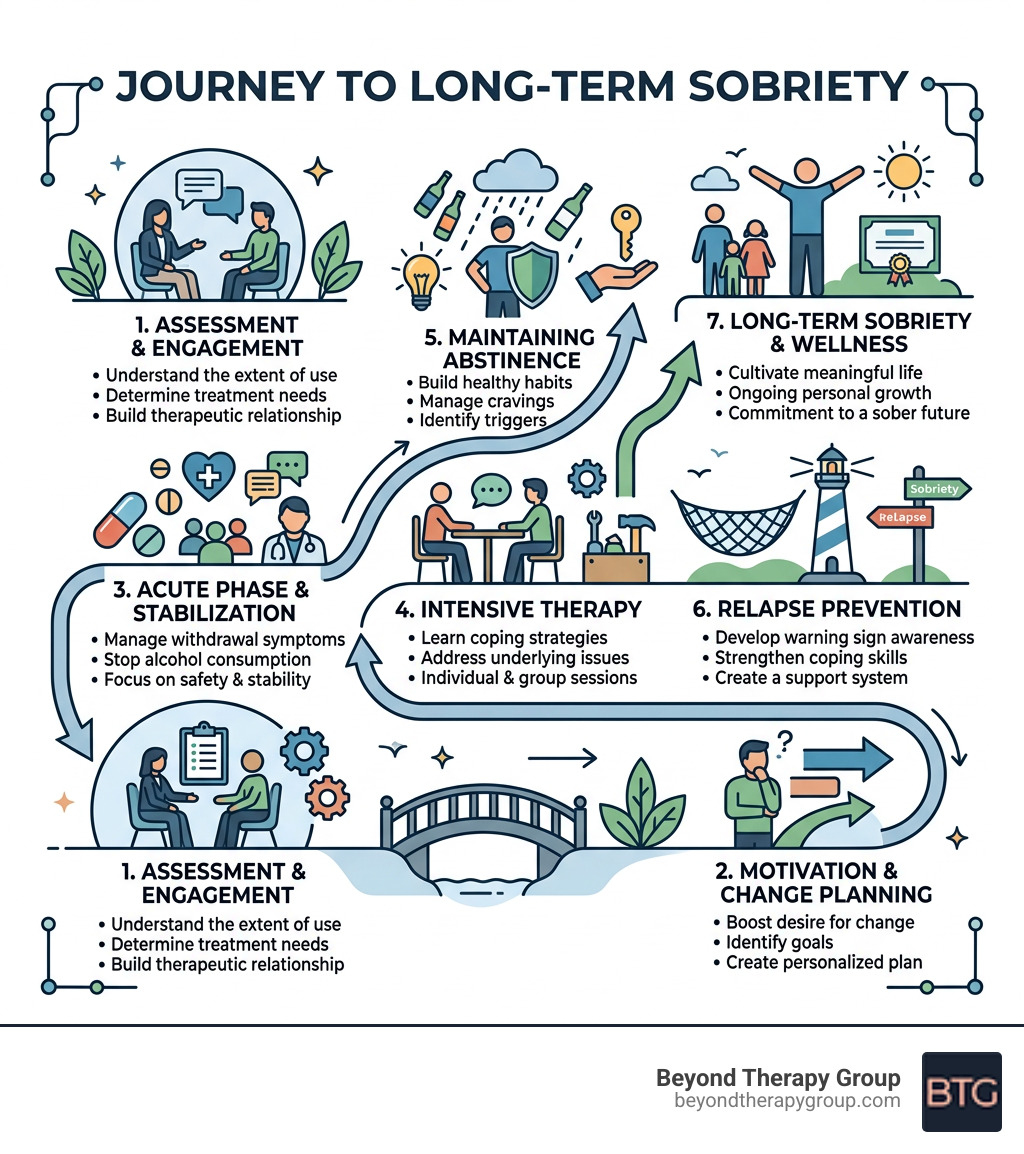 Infographic showing the alcohol addiction counseling recovery journey from assessment to long-term sobriety - alcohol Infographic showing the alcohol addiction counseling recovery journey from assessment to long-term sobriety - alcohol