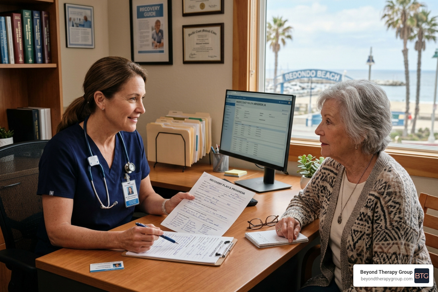 medical professional in Redondo Beach consulting with a senior patient about their recovery plan - senior substance abuse medical professional in Redondo Beach consulting with a senior patient about their recovery plan - senior substance abuse
