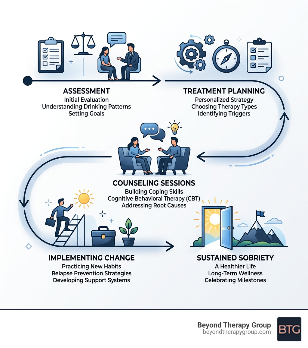 infographic showing the path through alcohol recovery counseling from assessment to sobriety alcohol recovery counseling infographic showing the path through alcohol recovery counseling from assessment to sobriety alcohol recovery counseling