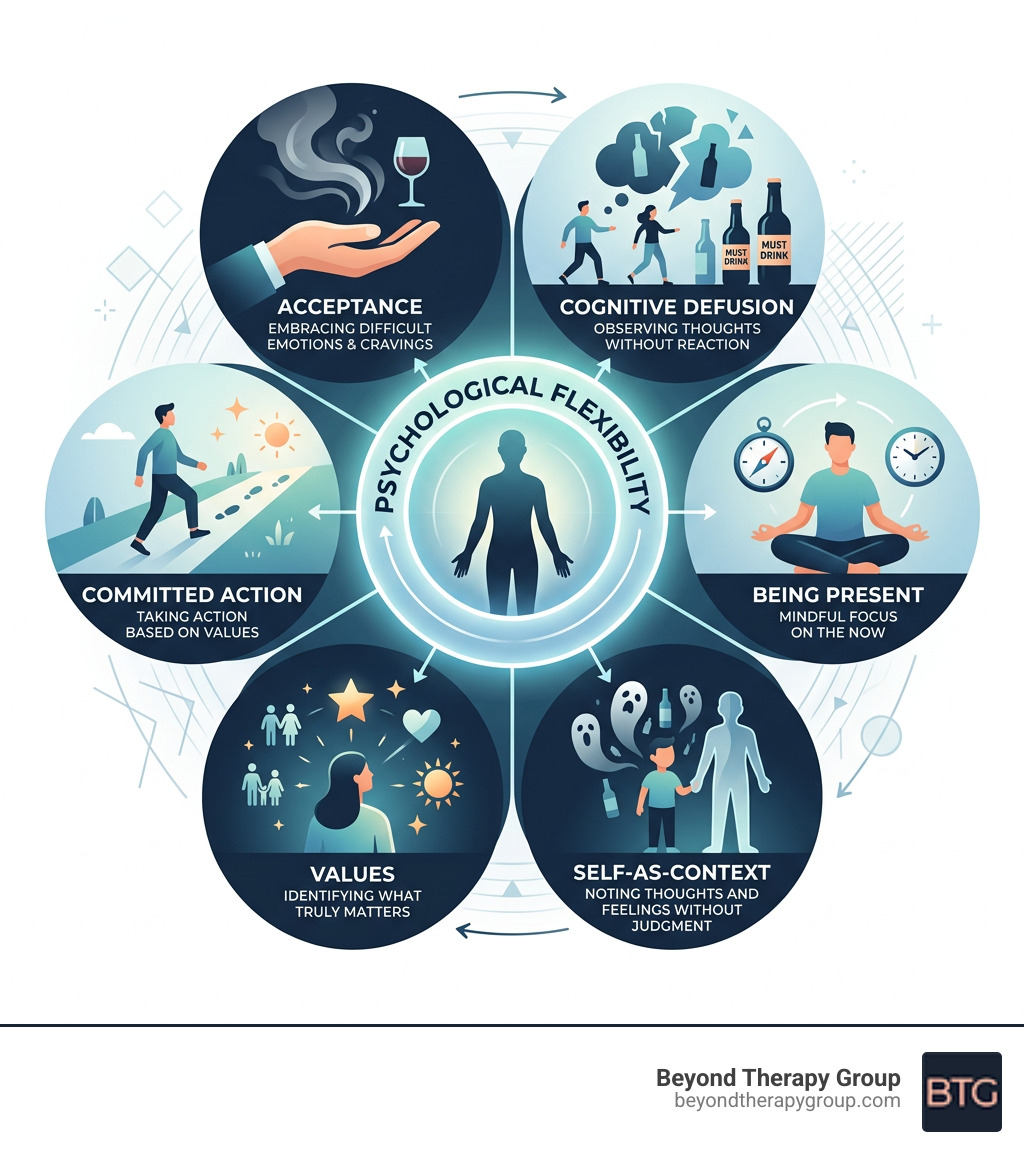 ACT process for alcohol use disorder showing six core processes and psychological flexibility: acceptance commitment ACT process for alcohol use disorder showing six core processes and psychological flexibility: acceptance commitment