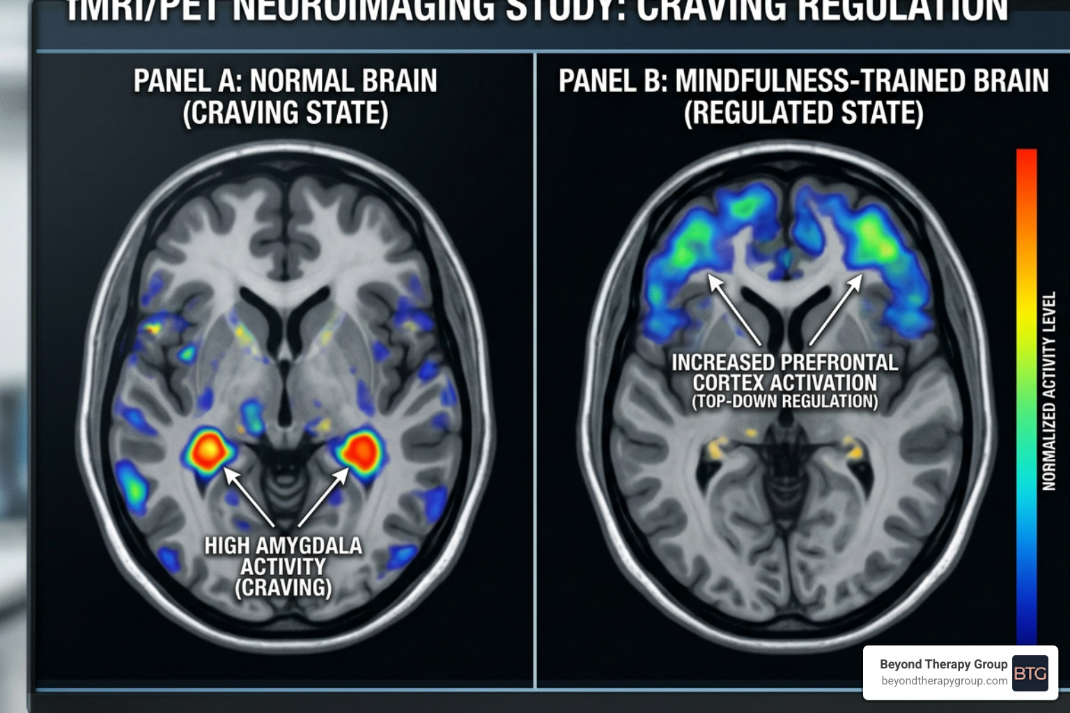 Brain scan comparison showing mindfulness activity during craving management - mindfulness based relapse prevention Brain scan comparison showing mindfulness activity during craving management - mindfulness based relapse prevention