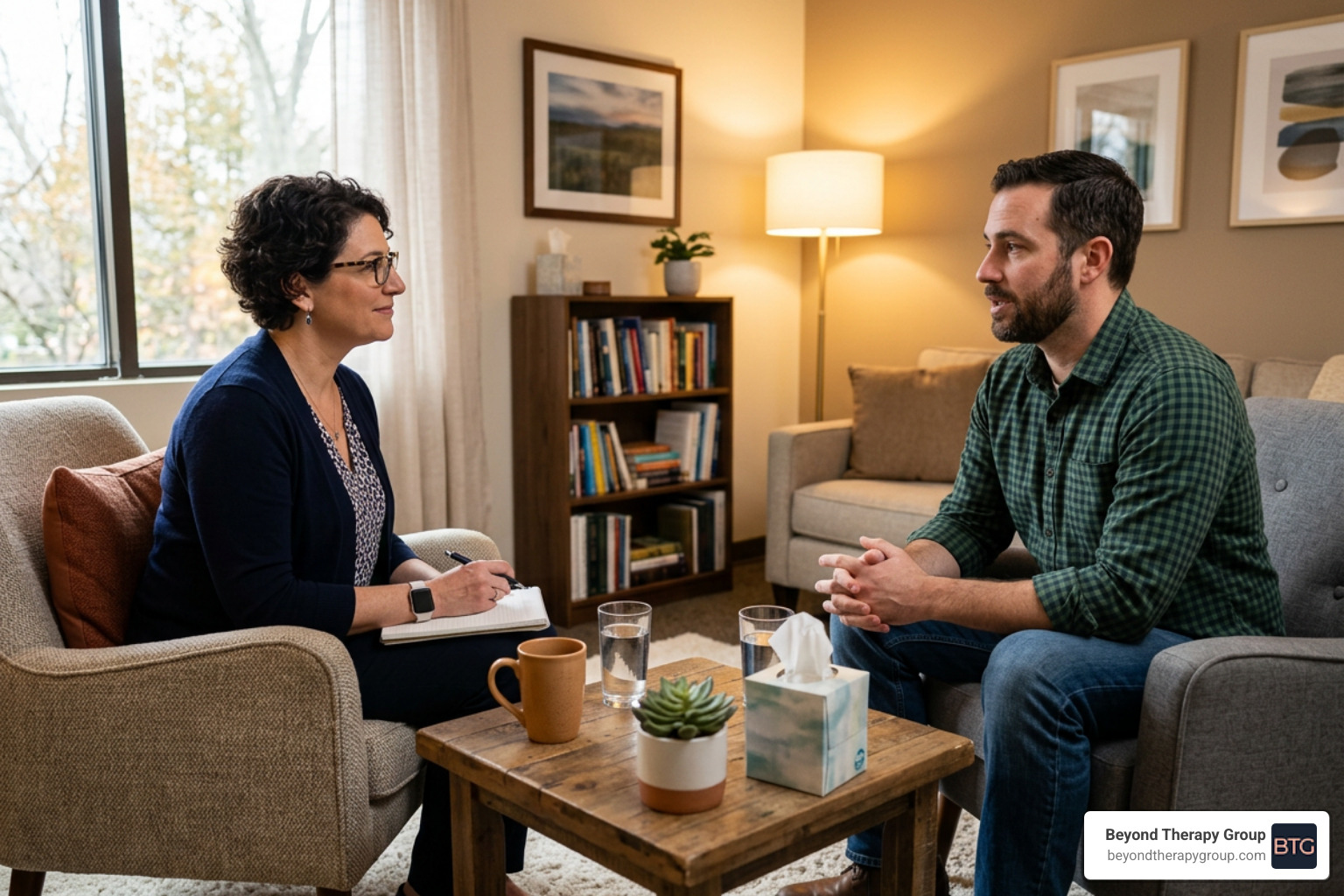 Counselor and client sitting in a comfortable office talking during an initial session - alcohol counseling sessions Counselor and client sitting in a comfortable office talking during an initial session - alcohol counseling sessions
