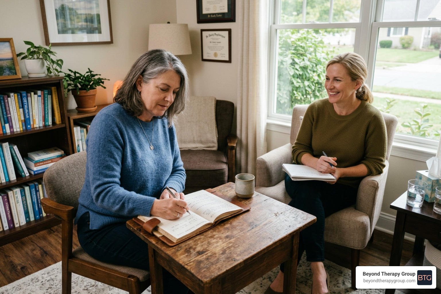 A person tracking their progress in a journal with a supportive therapist nearby best therapy for alcohol use disorder A person tracking their progress in a journal with a supportive therapist nearby best therapy for alcohol use disorder