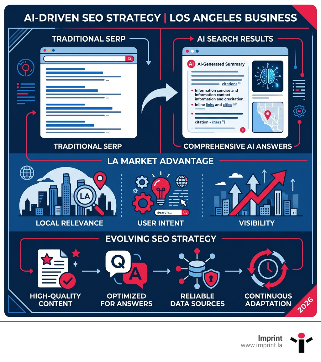 Infographic showing the transition from traditional Google SERPs to AI-generated summaries with key LA business stats - ai