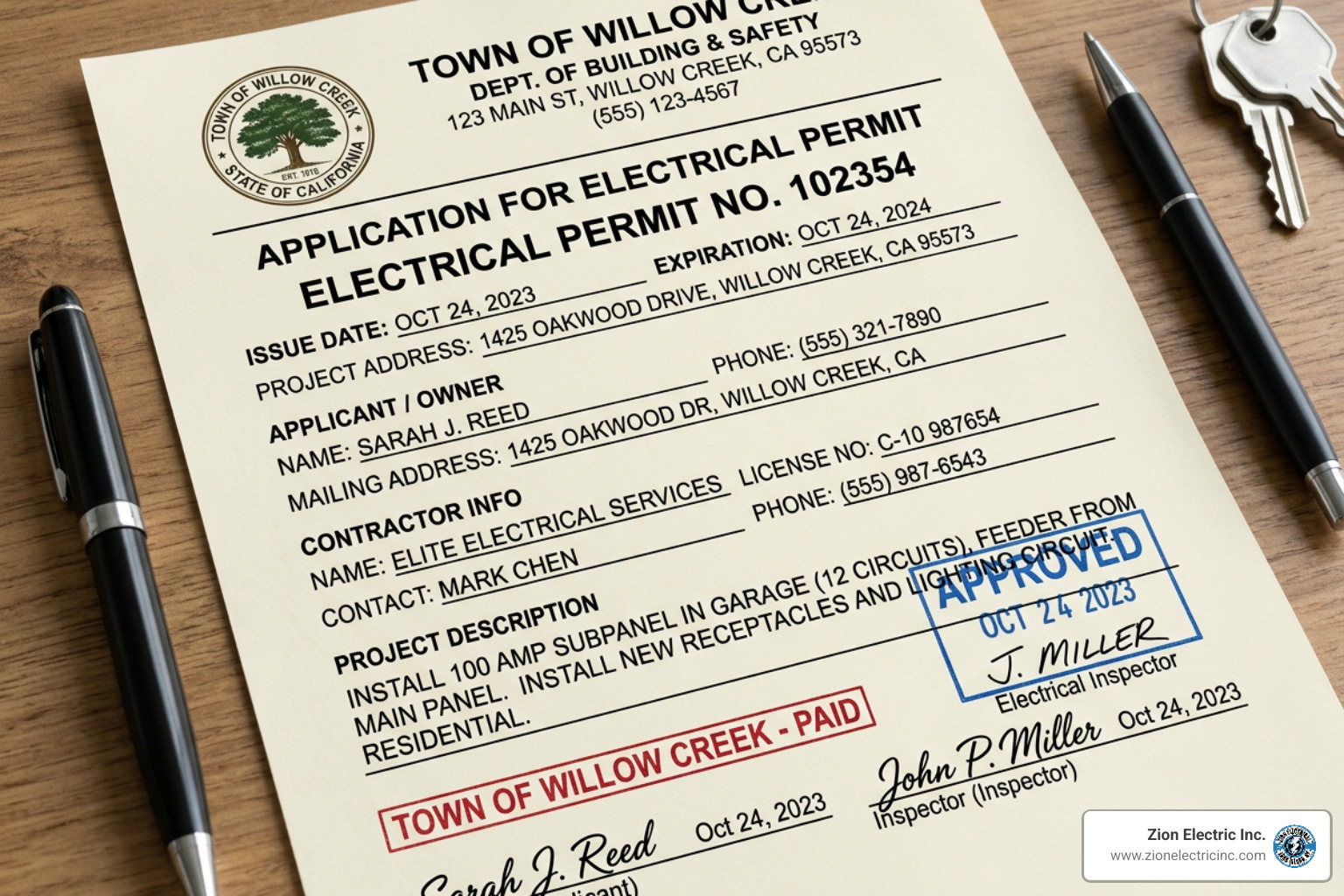 An official electrical permit document for a residential subpanel installation - adding 100 amp electrical sub panel An official electrical permit document for a residential subpanel installation - adding 100 amp electrical sub panel