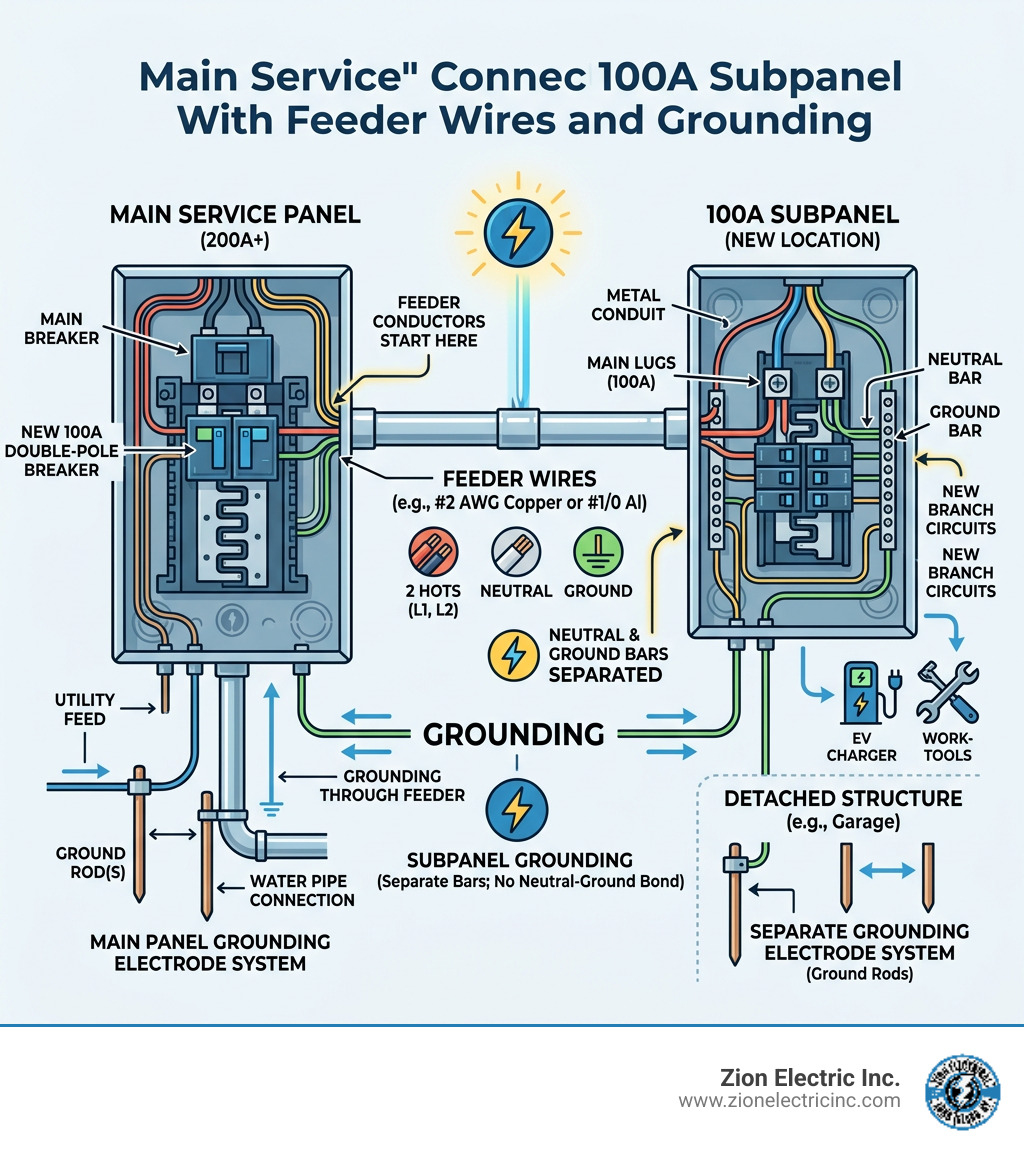 Diagram showing how a main service panel connects to a 100 amp subpanel with feeder wires and grounding - adding 100 amp Diagram showing how a main service panel connects to a 100 amp subpanel with feeder wires and grounding - adding 100 amp