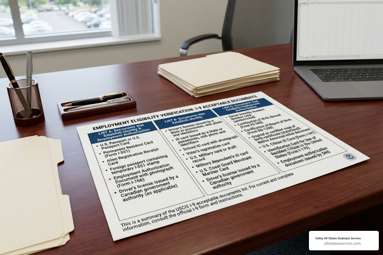 The three-column document chart showing List A, List B, and List C categories - approved documents for i9