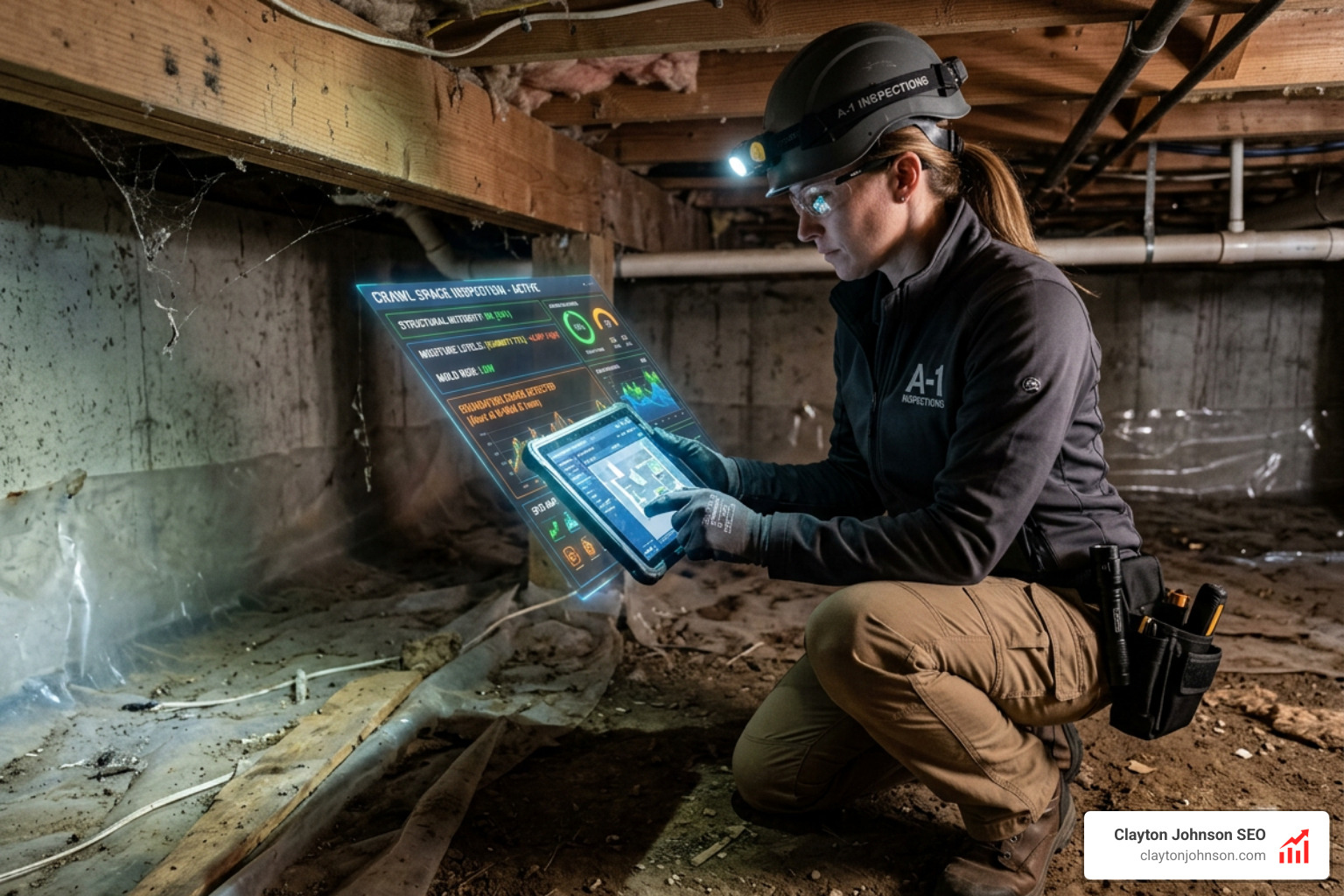 home inspector using a tablet in the field with AI data overlays - ai marketing for home inspectors companies