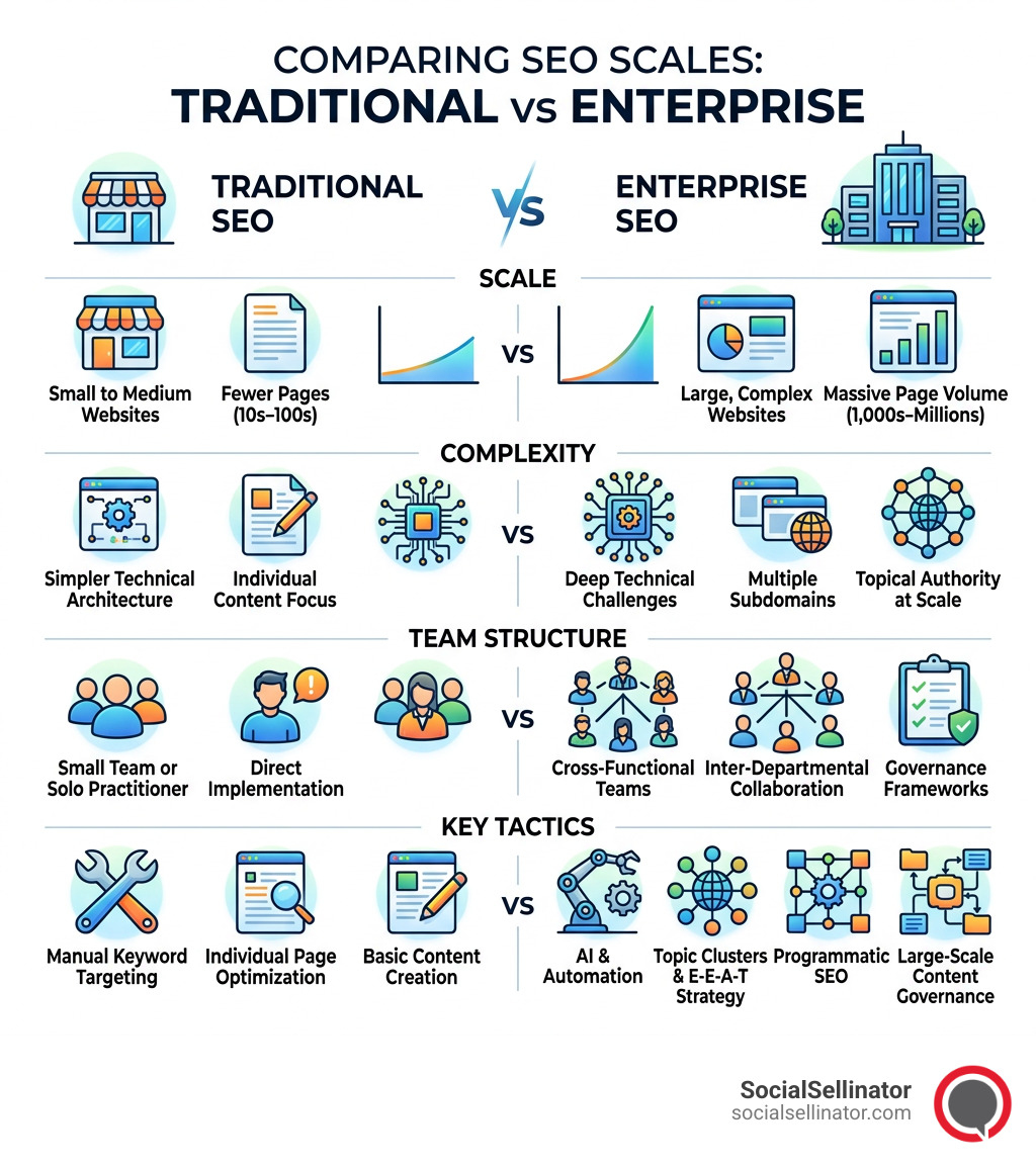 Infographic comparing traditional SEO vs enterprise SEO across scale, complexity, team structure, and key tactics