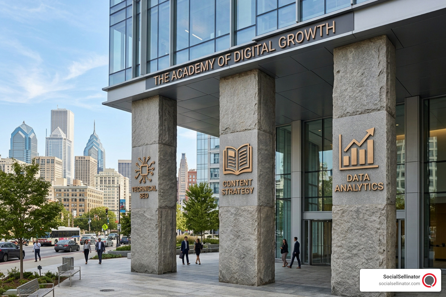 The pillars of an effective enterprise SEO strategy showing technical SEO, content strategy, and data analytics.