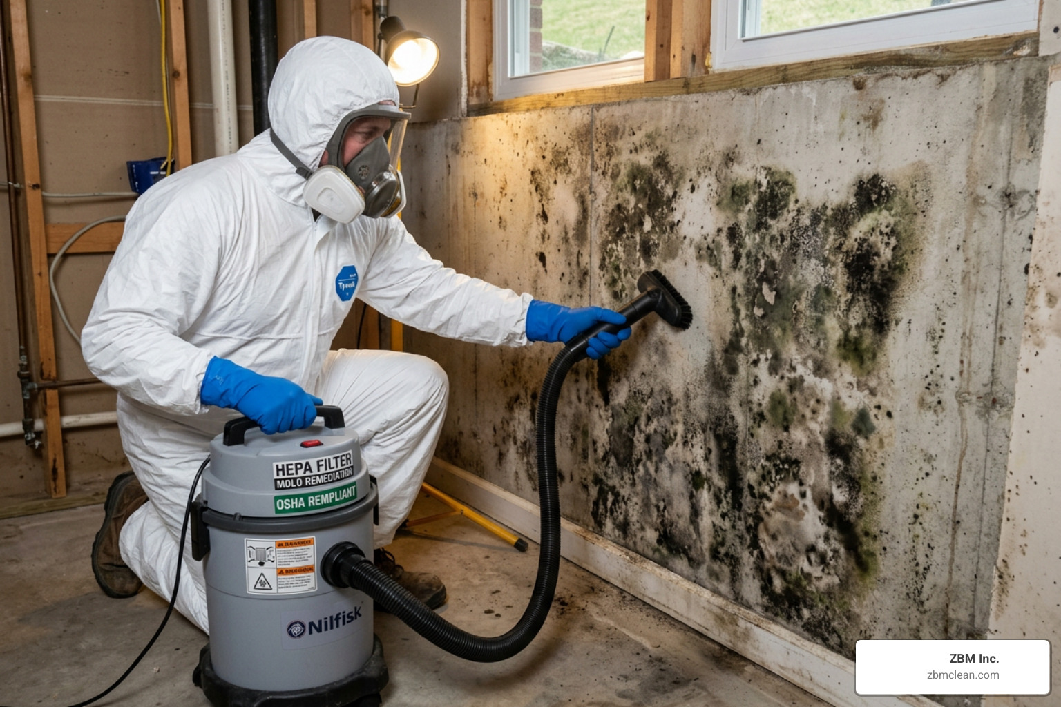 Technician in full PPE and hazmat suit using a HEPA vacuum on a mold-infested wall - professional mold remediation experts