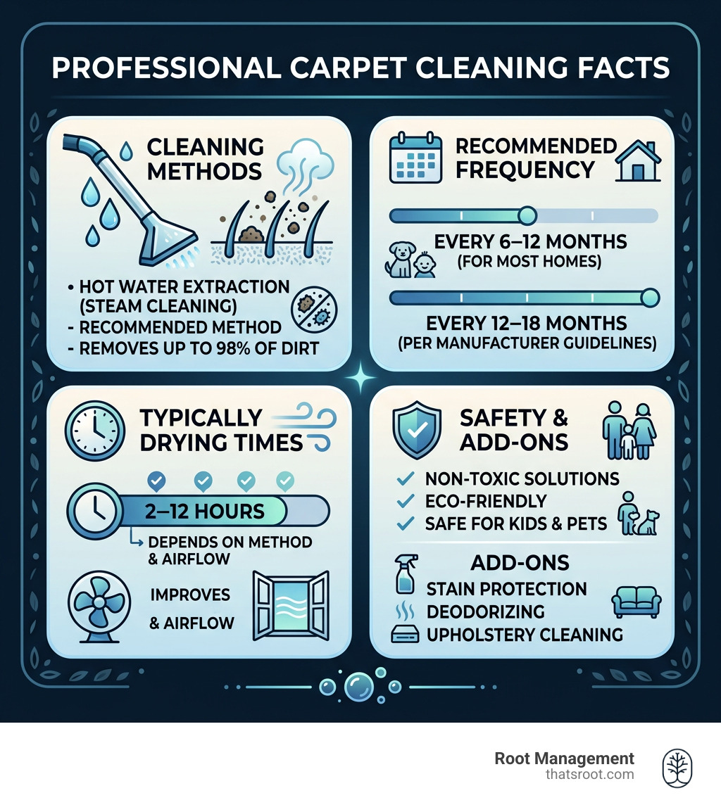 Infographic showing key facts about professional carpet cleaning services: methods, frequency, drying times, and safety Infographic showing key facts about professional carpet cleaning services: methods, frequency, drying times, and safety