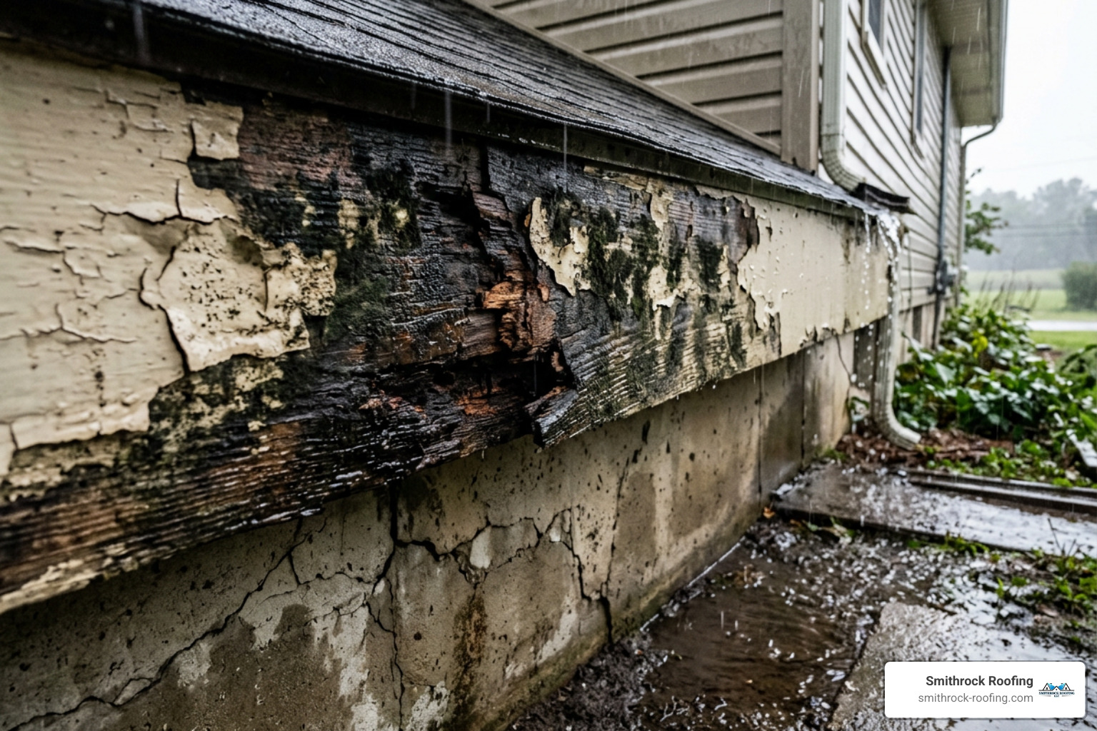 Water damage on a home's fascia and foundation due to poor drainage - Gutter installation High Point