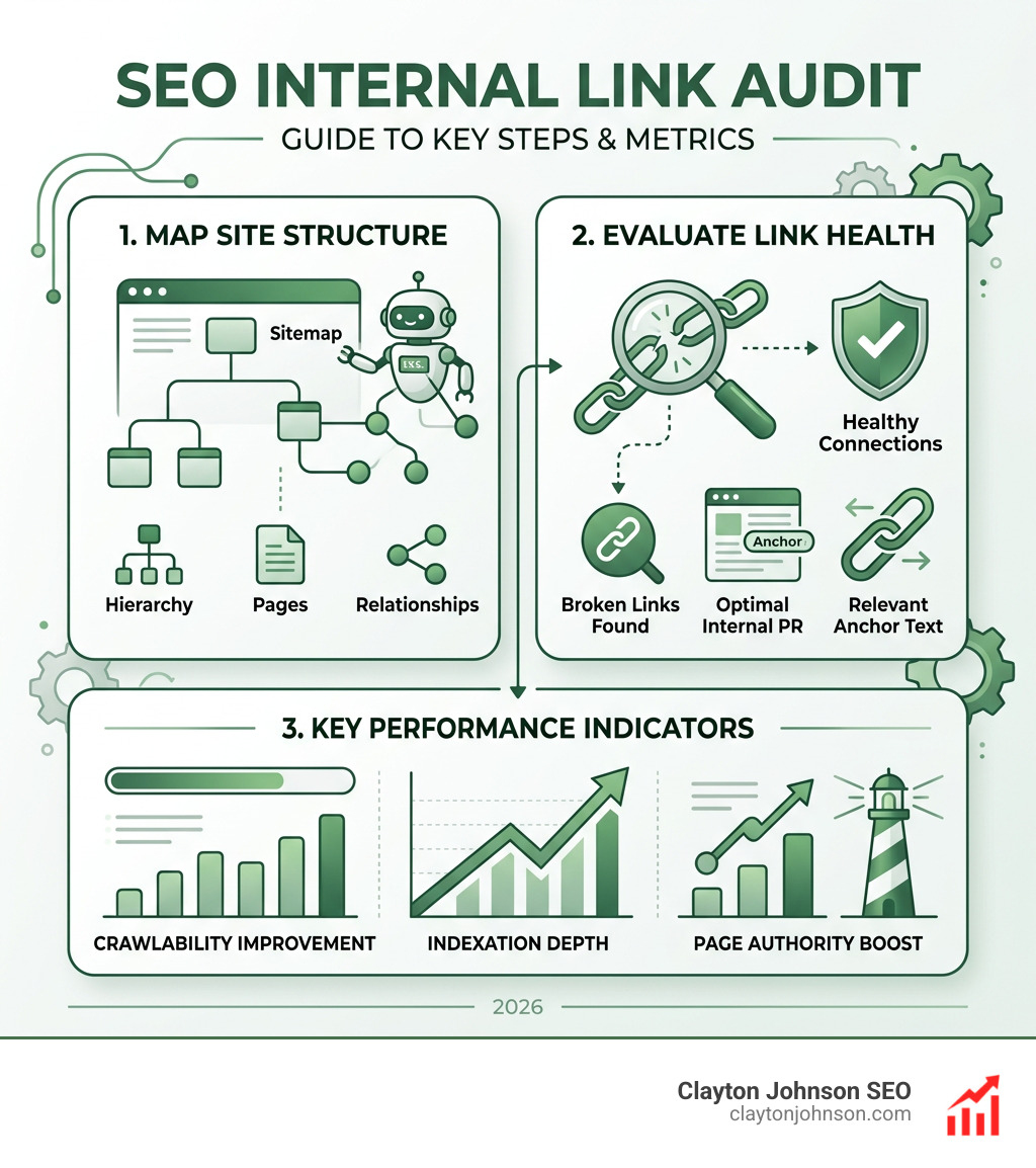 SEO performance metrics dashboard showing traffic growth and link health - SEO internal link audit