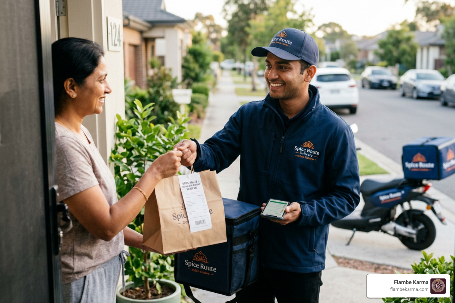 delivery driver arriving with fresh Indian takeout bags - indian restaurant near me delivery