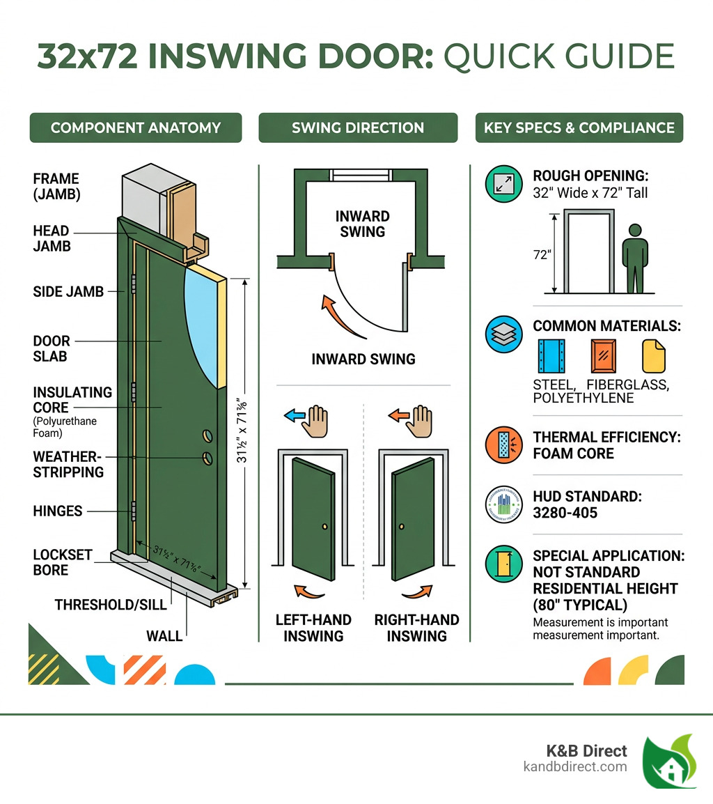 Infographic showing 32x72 inswing door components, swing direction, and key specs - 32x72 exterior door inswing infographic 
